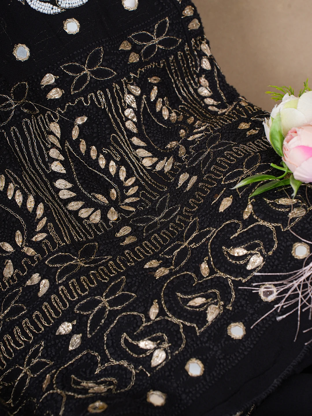 Ada Hand Embroidered Black Viscose Georgette Lucknowi Chikankari Semi-Stitched Anarkali Kurta Dupatta Set With Mirror and Pearl Work 01A487049