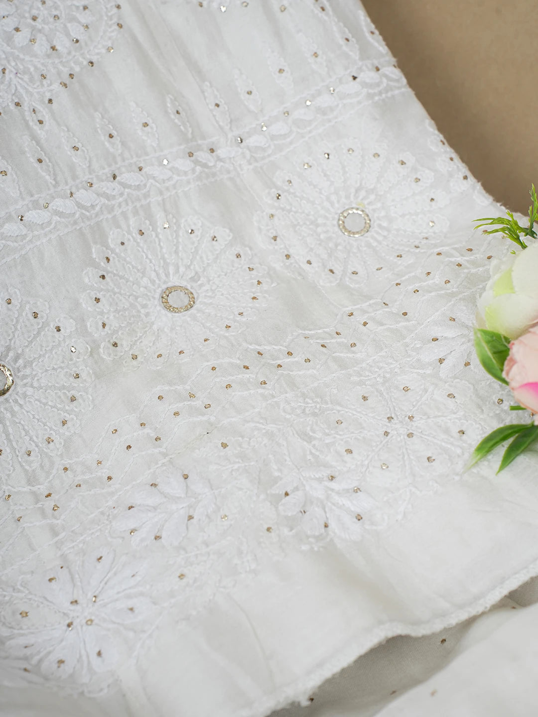 Ada Hand Embroidered White Chanderi Lucknowi Chikankari Semi-Stitched Anarkali Kurta Dupatta Set With Muqaish Work 01A380624