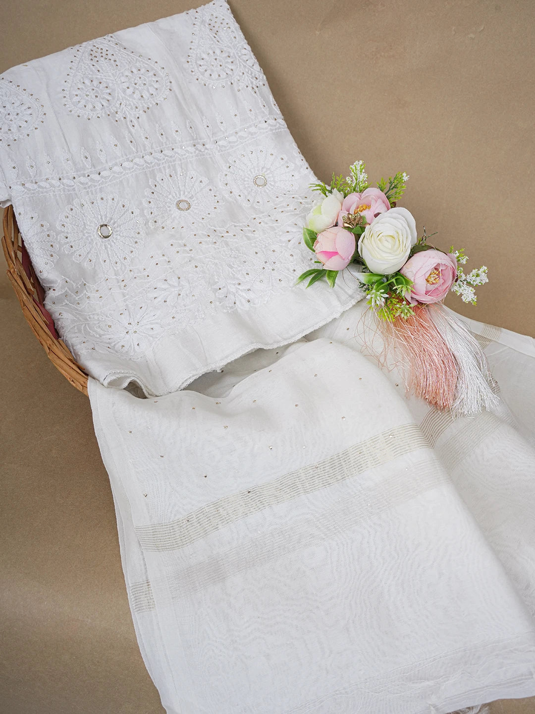Ada Hand Embroidered White Chanderi Lucknowi Chikankari Semi-Stitched Anarkali Kurta Dupatta Set With Muqaish Work 01A380624