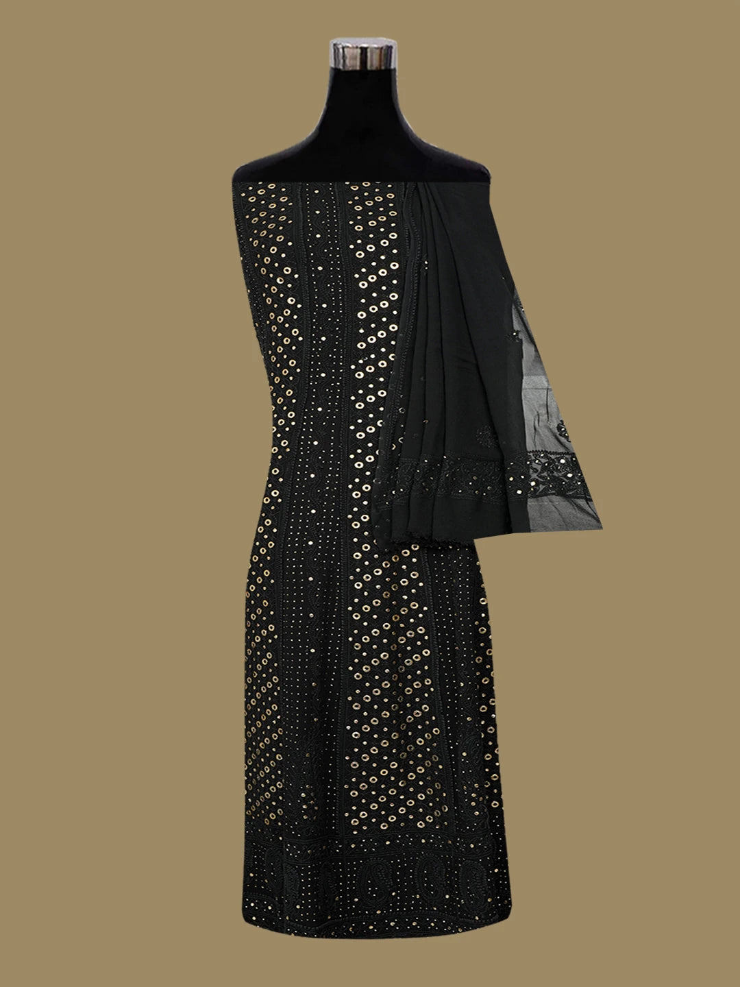 Ada Hand Embroidered Black Viscose Georgette Lucknowi Chikankari Semi-Stitched Anarkali Kurta Dupatta Set With Muqaish Work 01A533104