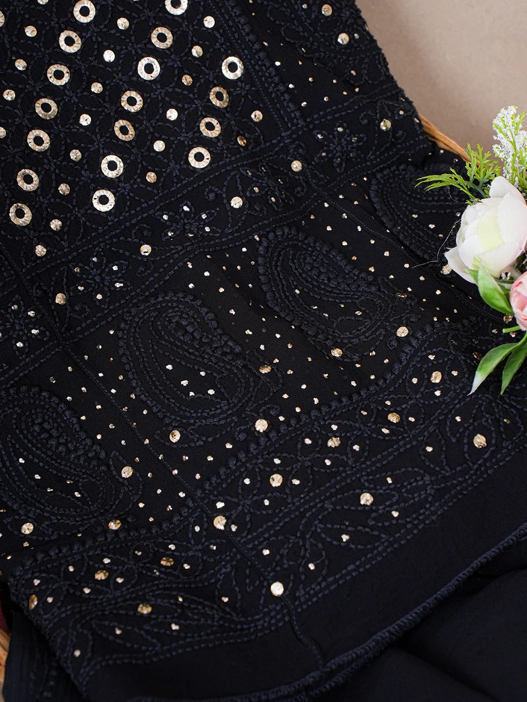 Ada Hand Embroidered Black Viscose Georgette Lucknowi Chikankari Semi-Stitched Anarkali Kurta Dupatta Set With Muqaish Work 01A533104