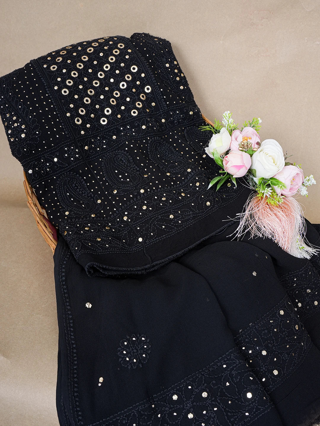 Ada Hand Embroidered Black Viscose Georgette Lucknowi Chikankari Semi-Stitched Anarkali Kurta Dupatta Set With Muqaish Work 01A533104