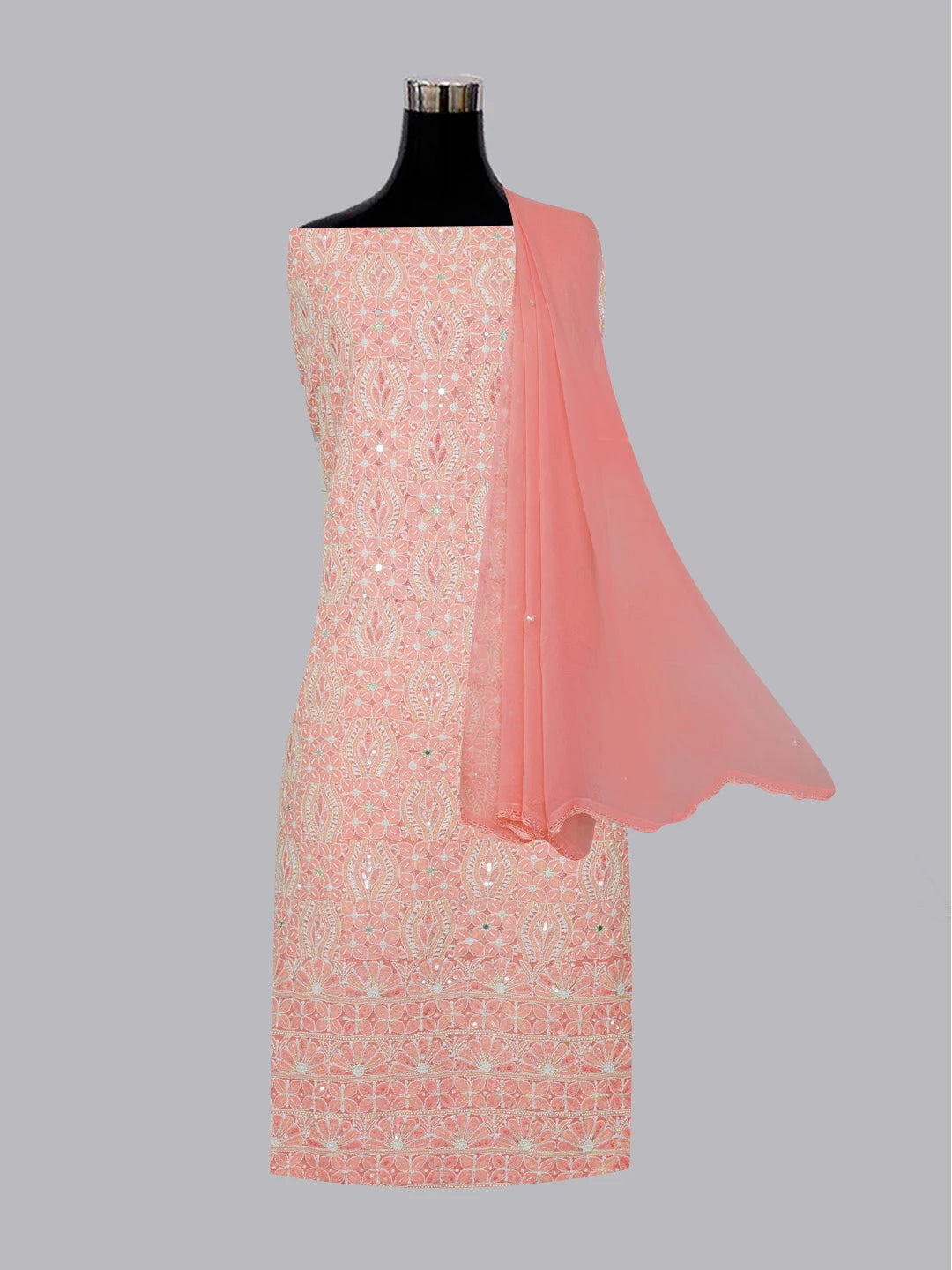 Ada Hand Embroidered Carrot Pink Cotton Lucknowi Chikankari Unstitched Suit Piece With Cutdana Work 01A403720
