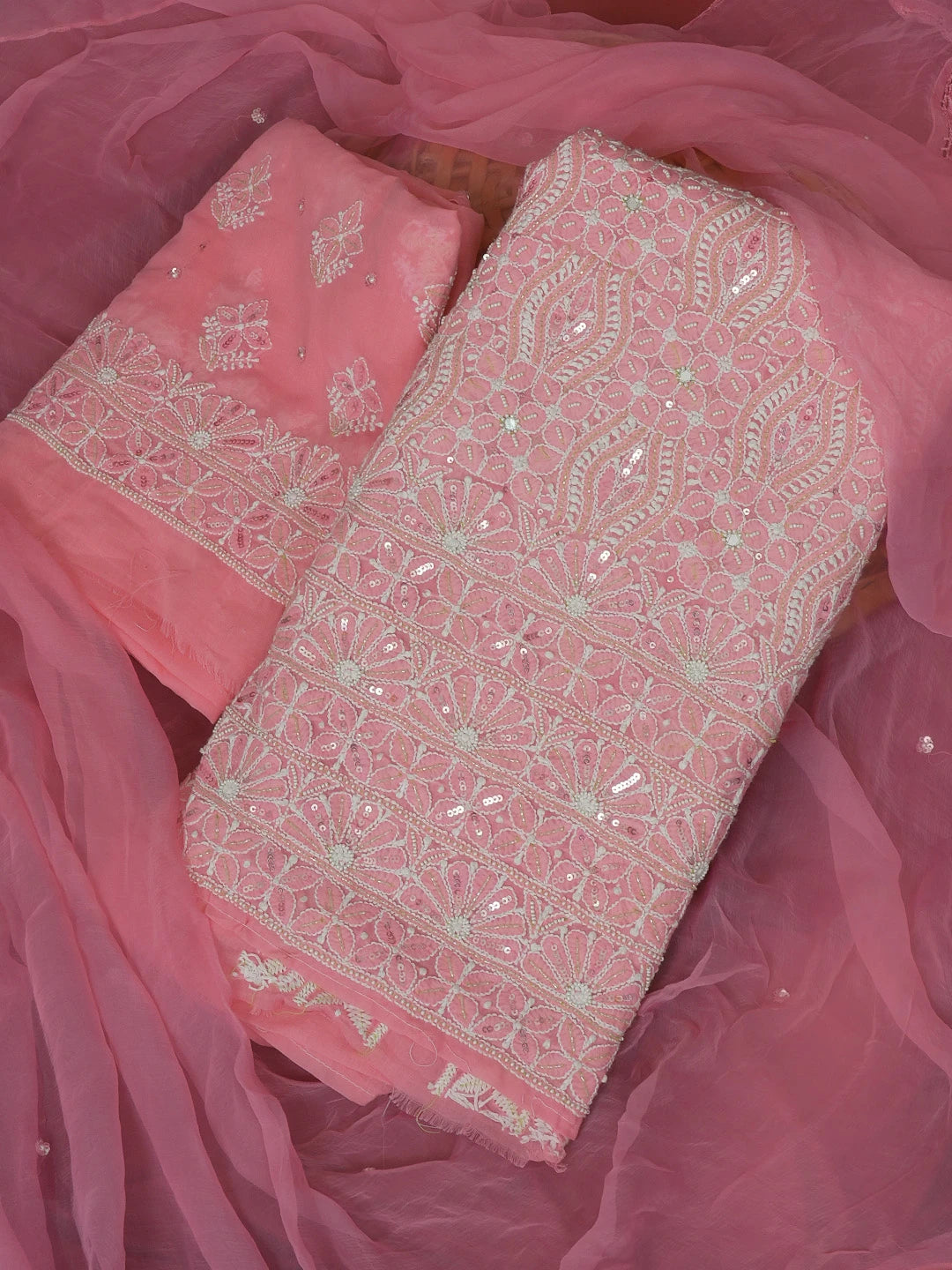 Ada Hand Embroidered Carrot Pink Cotton Lucknowi Chikankari Unstitched Suit Piece With Cutdana Work 01A403720