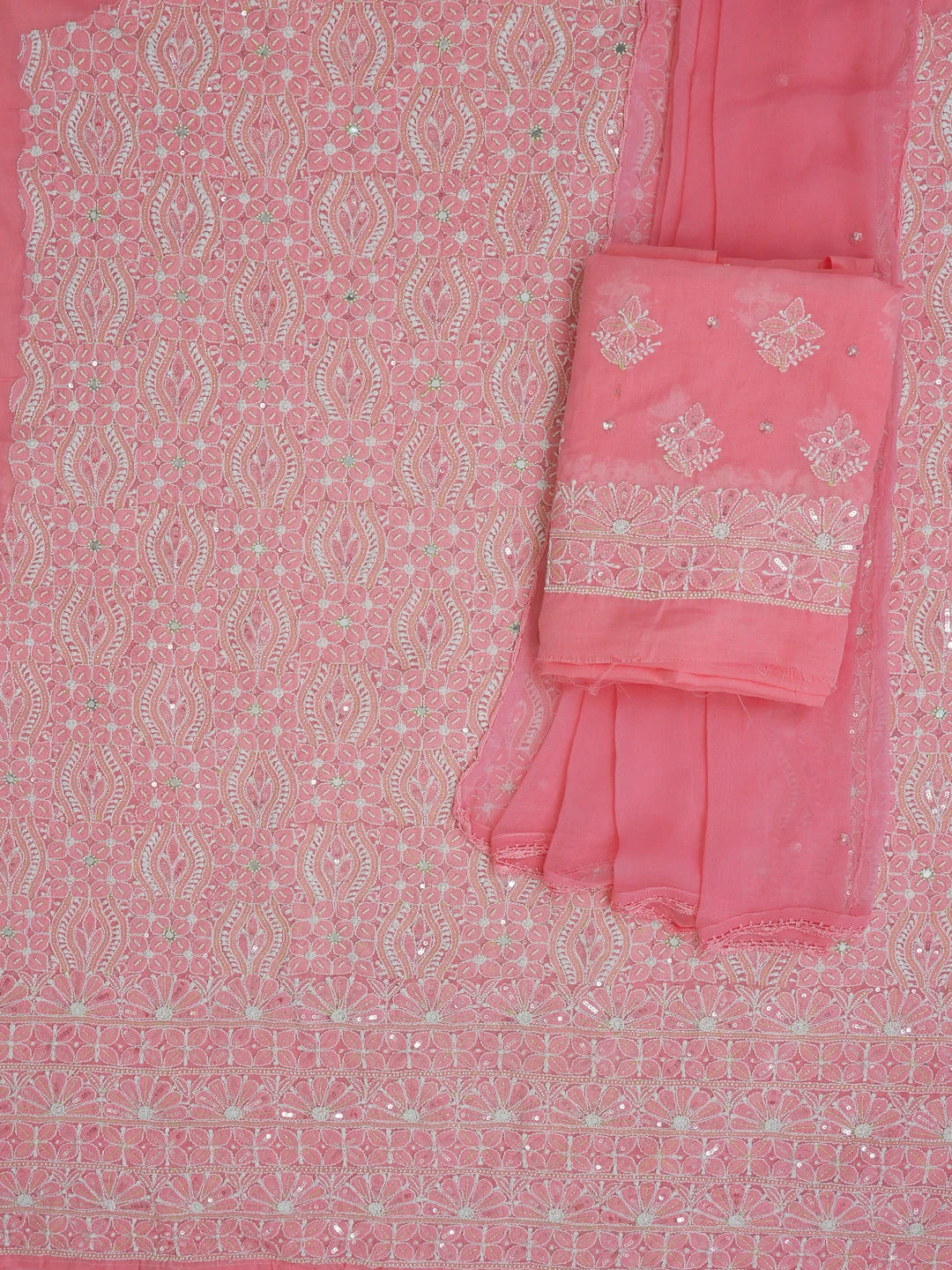 Ada Hand Embroidered Carrot Pink Cotton Lucknowi Chikankari Unstitched Suit Piece With Cutdana Work 01A403720