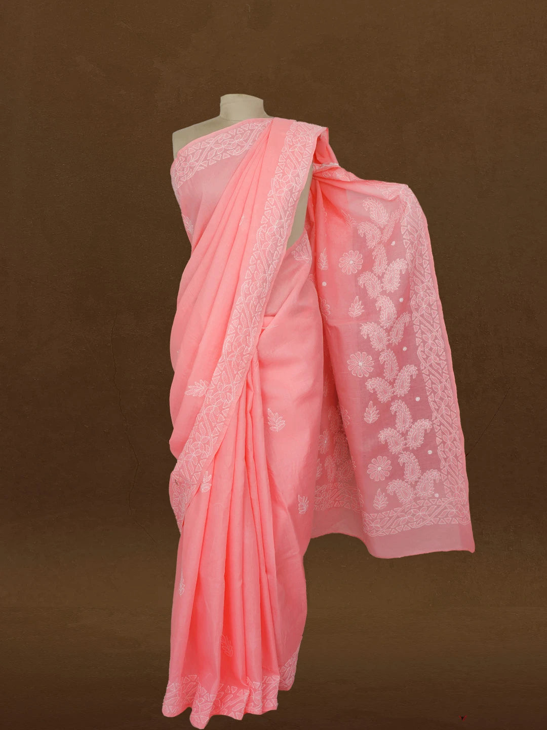 Ada Hand Embroidered Carrot Pink Cotton Lucknowi Chikankari Saree With Blouse 01A361615