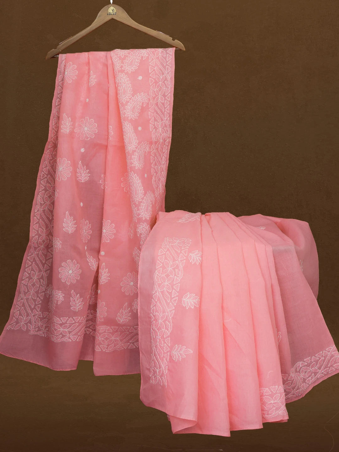 Ada Hand Embroidered Carrot Pink Cotton Lucknowi Chikankari Saree With Blouse 01A361615