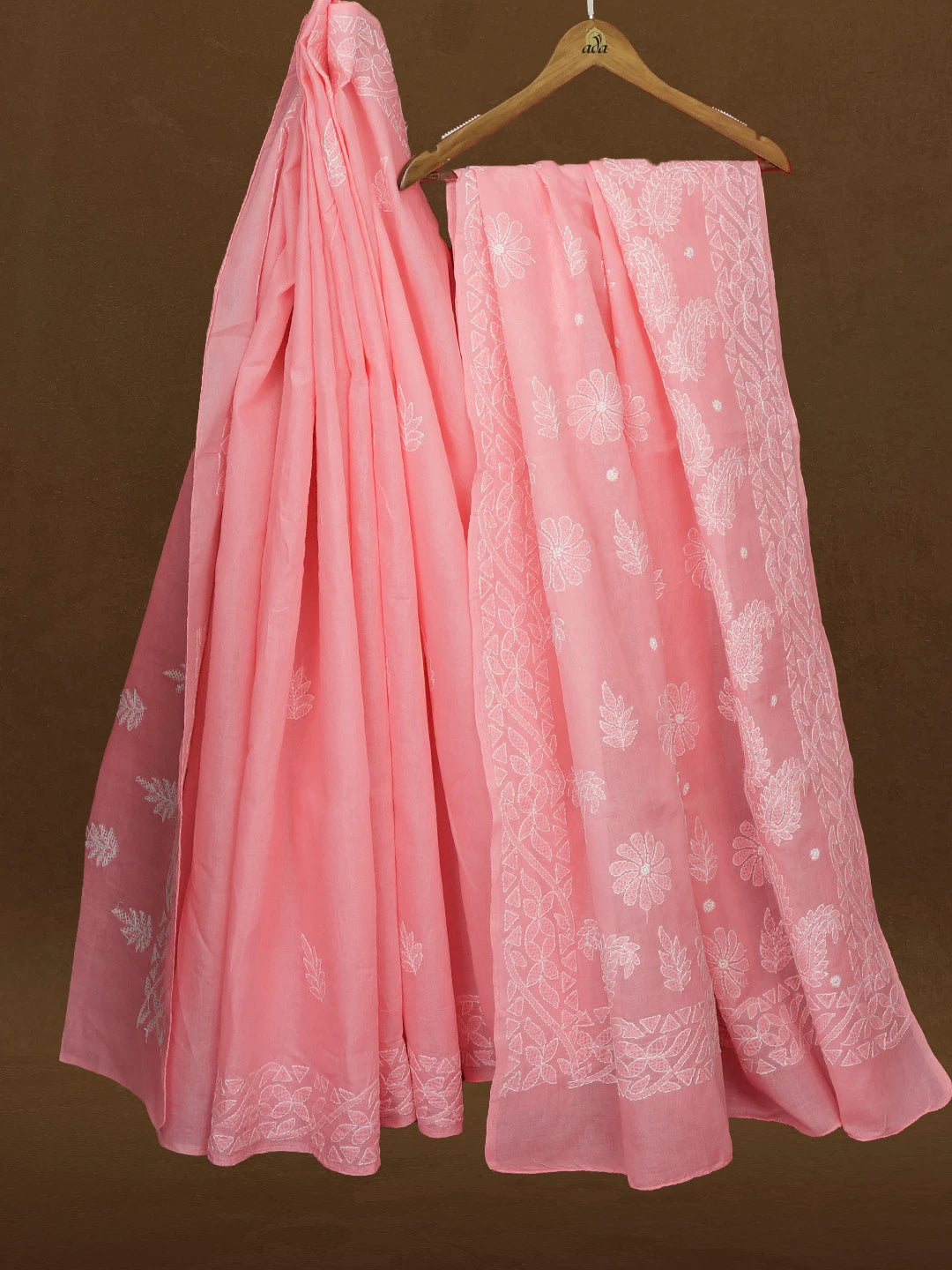 Ada Hand Embroidered Carrot Pink Cotton Lucknowi Chikankari Saree With Blouse 01A361615