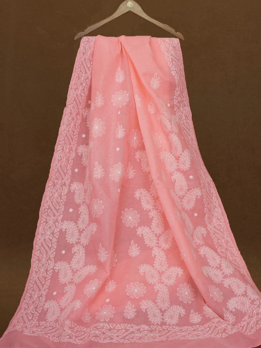 Ada Hand Embroidered Carrot Pink Cotton Lucknowi Chikankari Saree With Blouse 01A361615