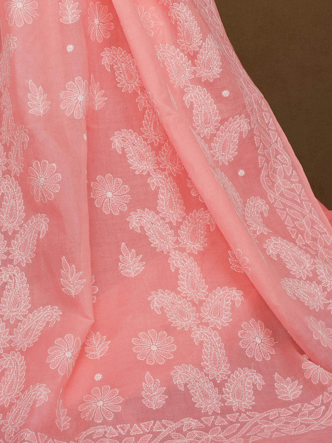 Ada Hand Embroidered Carrot Pink Cotton Lucknowi Chikankari Saree With Blouse 01A361615