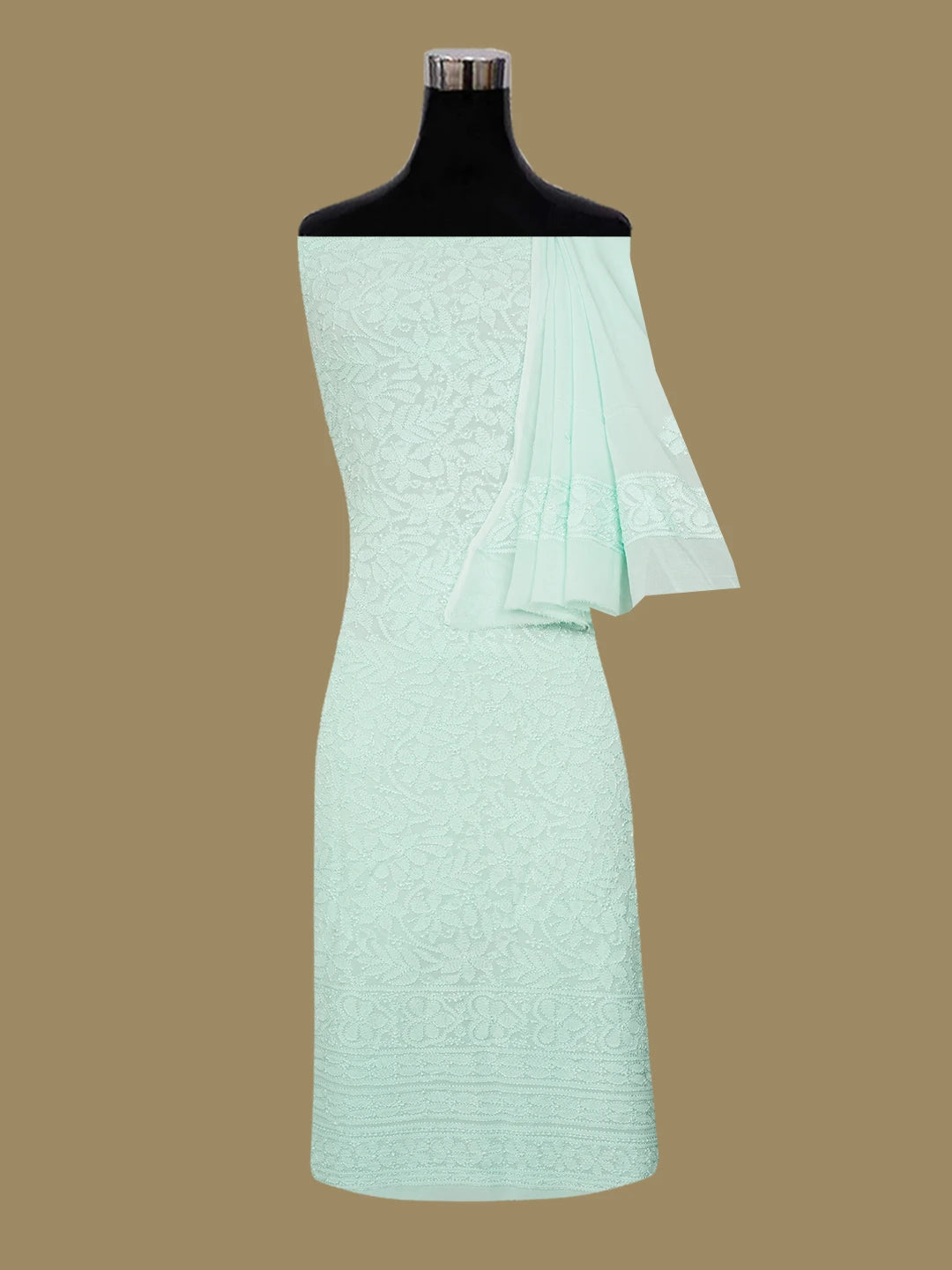 Ada Hand Embroidered Sea Green Viscose Georgette Lucknowi Chikankari Unstitched Kurta Dupatta Set 01A612313