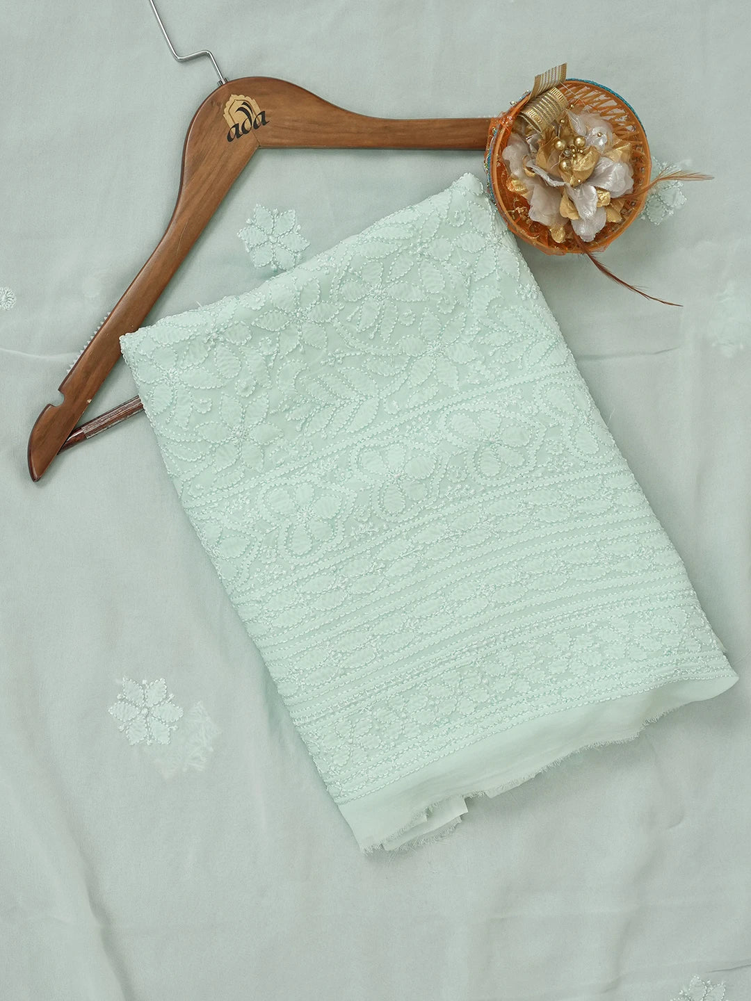 Ada Hand Embroidered Sea Green Viscose Georgette Lucknowi Chikankari Unstitched Kurta Dupatta Set 01A612313