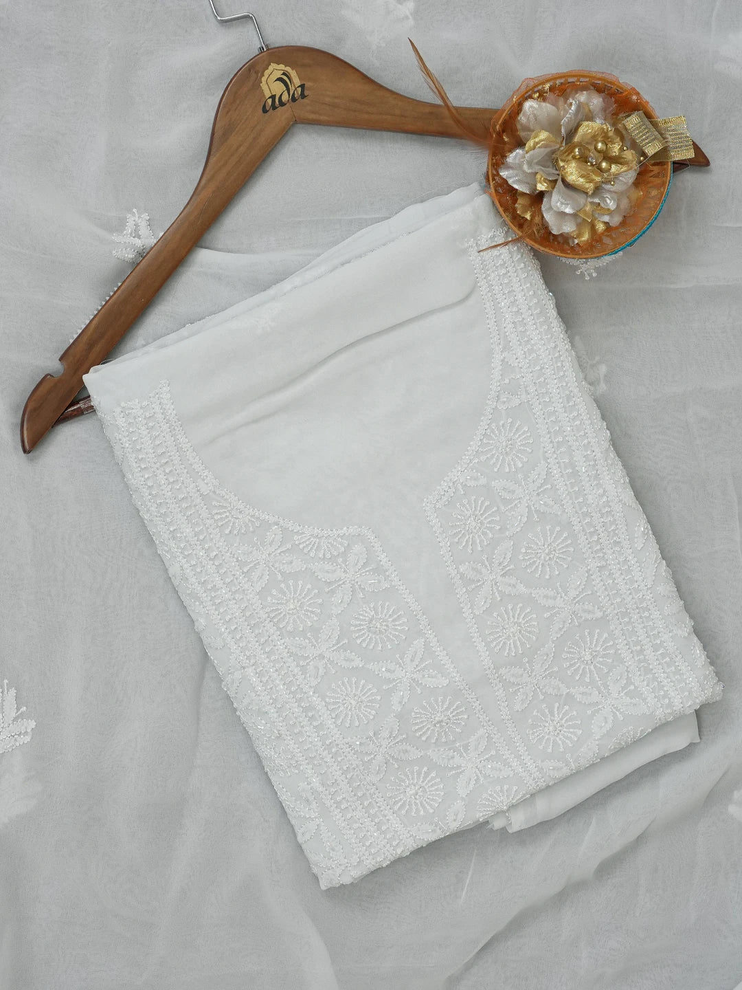 Ada Hand Embroidered Alice Blue Viscose Georgette Lucknowi Chikankari Unstitched Kurta Dupatta Set with Cutdana Work 01A612334