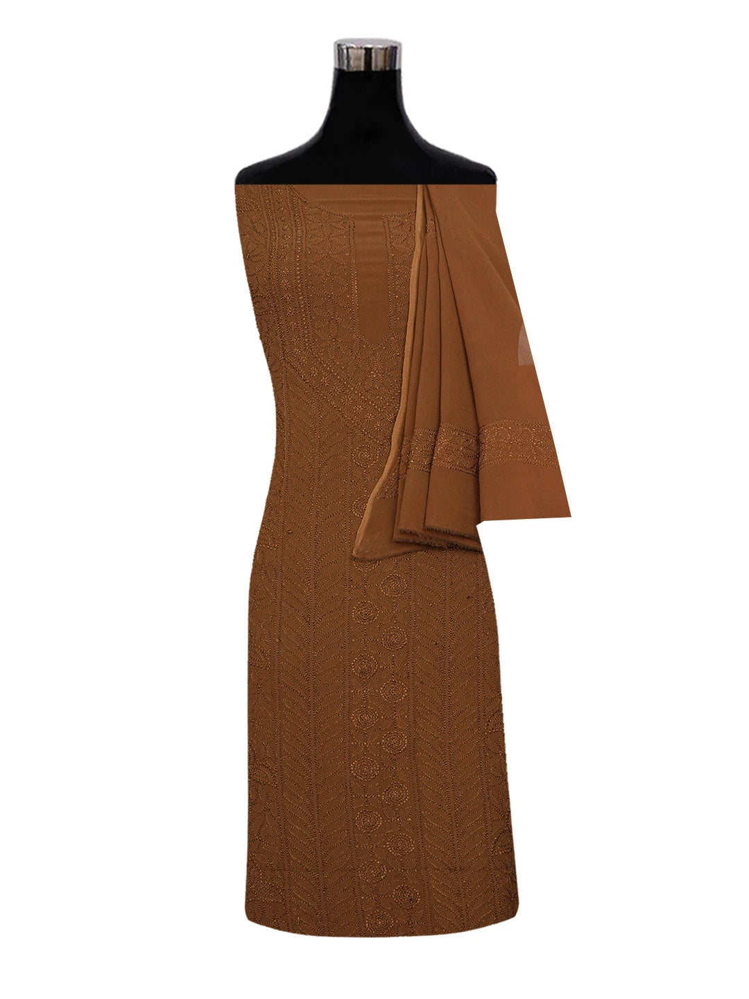 Ada Hand Embroidered Brown Viscose Georgette Lucknowi Chikankari Unstitched Kurta Dupatta Set 01A612314