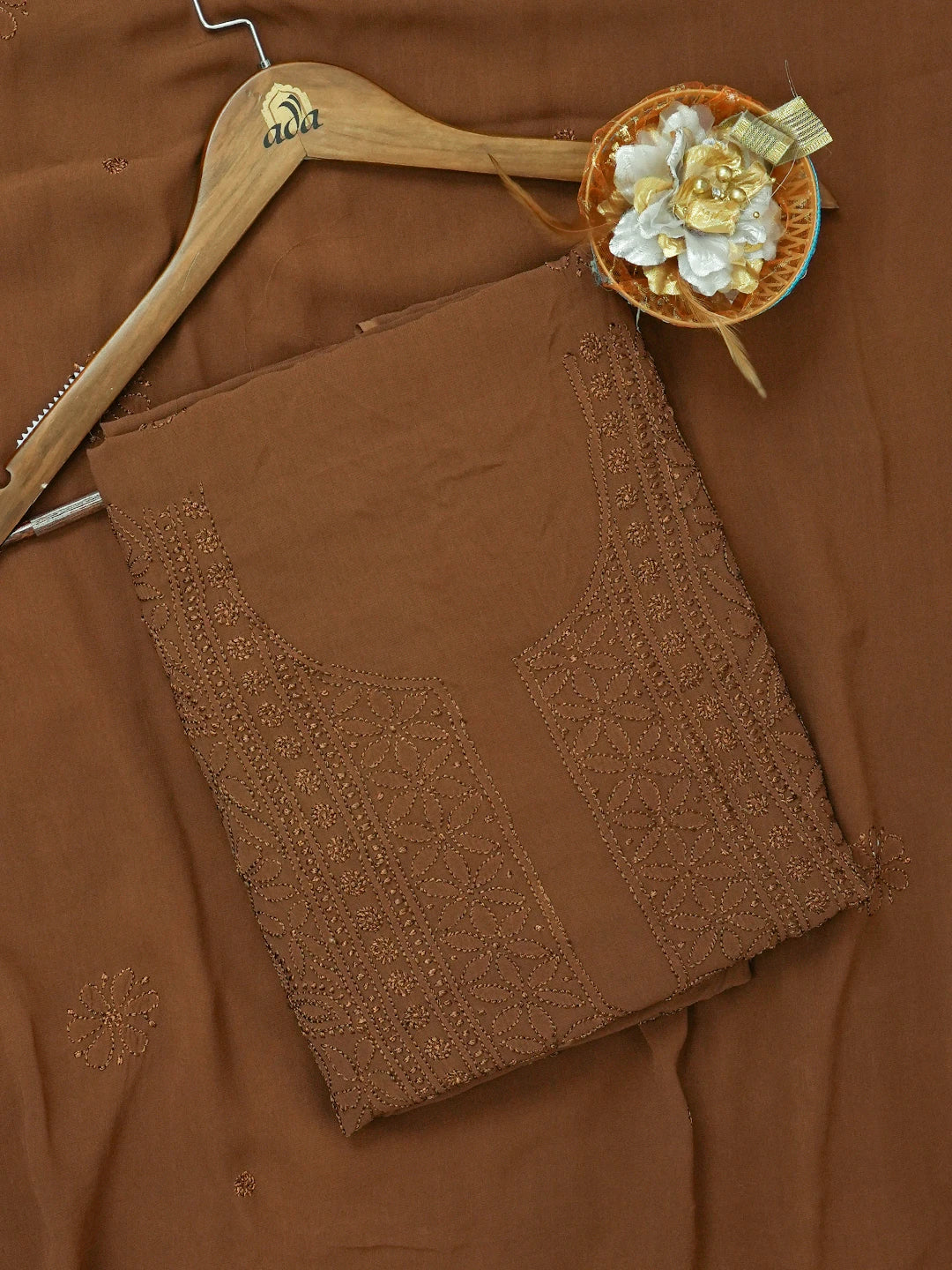 Ada Hand Embroidered Brown Viscose Georgette Lucknowi Chikankari Unstitched Kurta Dupatta Set 01A612314