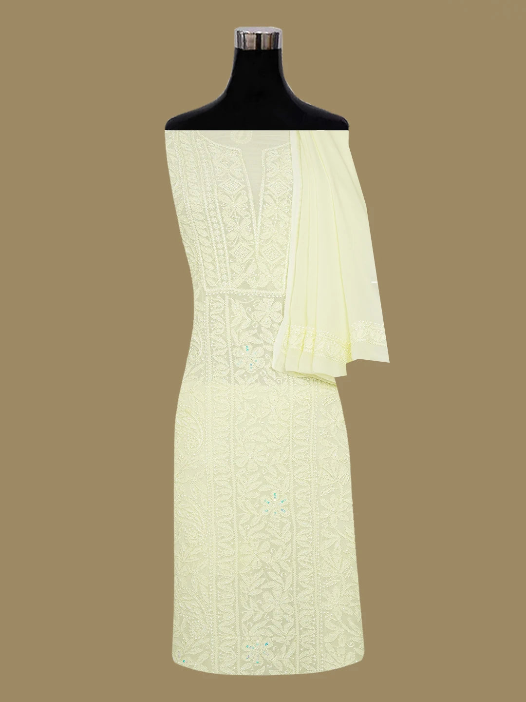 Ada Hand Embroidered Lemon Viscose Georgette Lucknowi Chikankari Unstitched Kurta Dupatta Set With Sequinned Work 01A612340