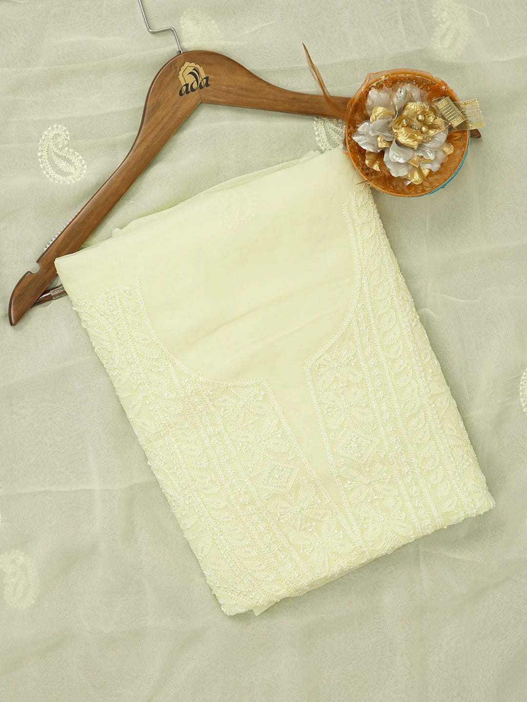 Ada Hand Embroidered Lemon Viscose Georgette Lucknowi Chikankari Unstitched Kurta Dupatta Set With Sequinned Work 01A612340