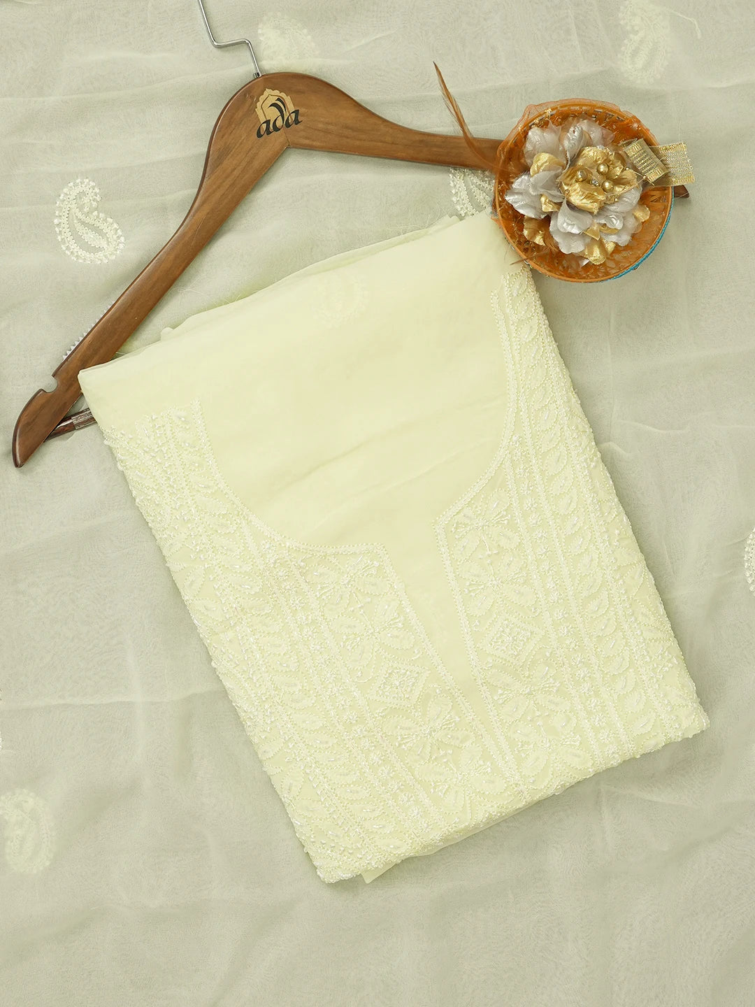 Ada Hand Embroidered Lemon Viscose Georgette Lucknowi Chikankari Unstitched Kurta Dupatta Set With Sequinned Work 01A612340