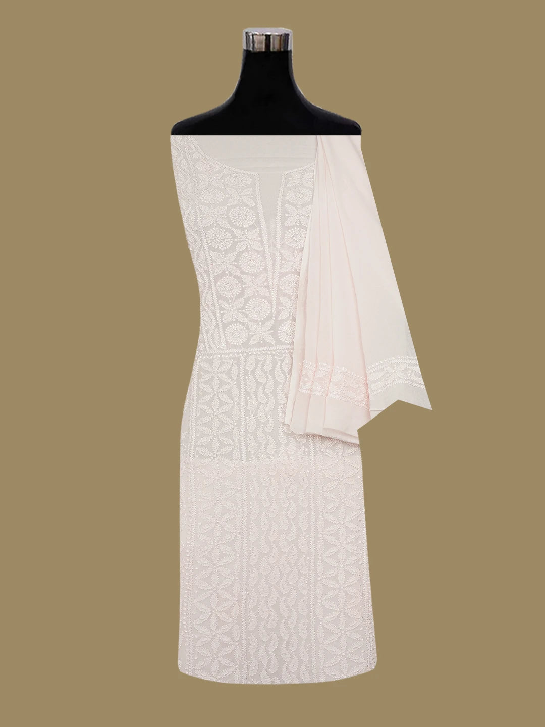 Ada Hand Embroidered Tea Rose Pink Viscose Georgette Lucknowi Chikankari Unstitched Kurta Dupatta Set with Sequinned Work 01A612329