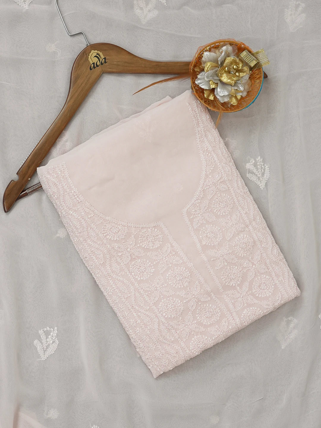 Ada Hand Embroidered Tea Rose Pink Viscose Georgette Lucknowi Chikankari Unstitched Kurta Dupatta Set with Sequinned Work 01A612329
