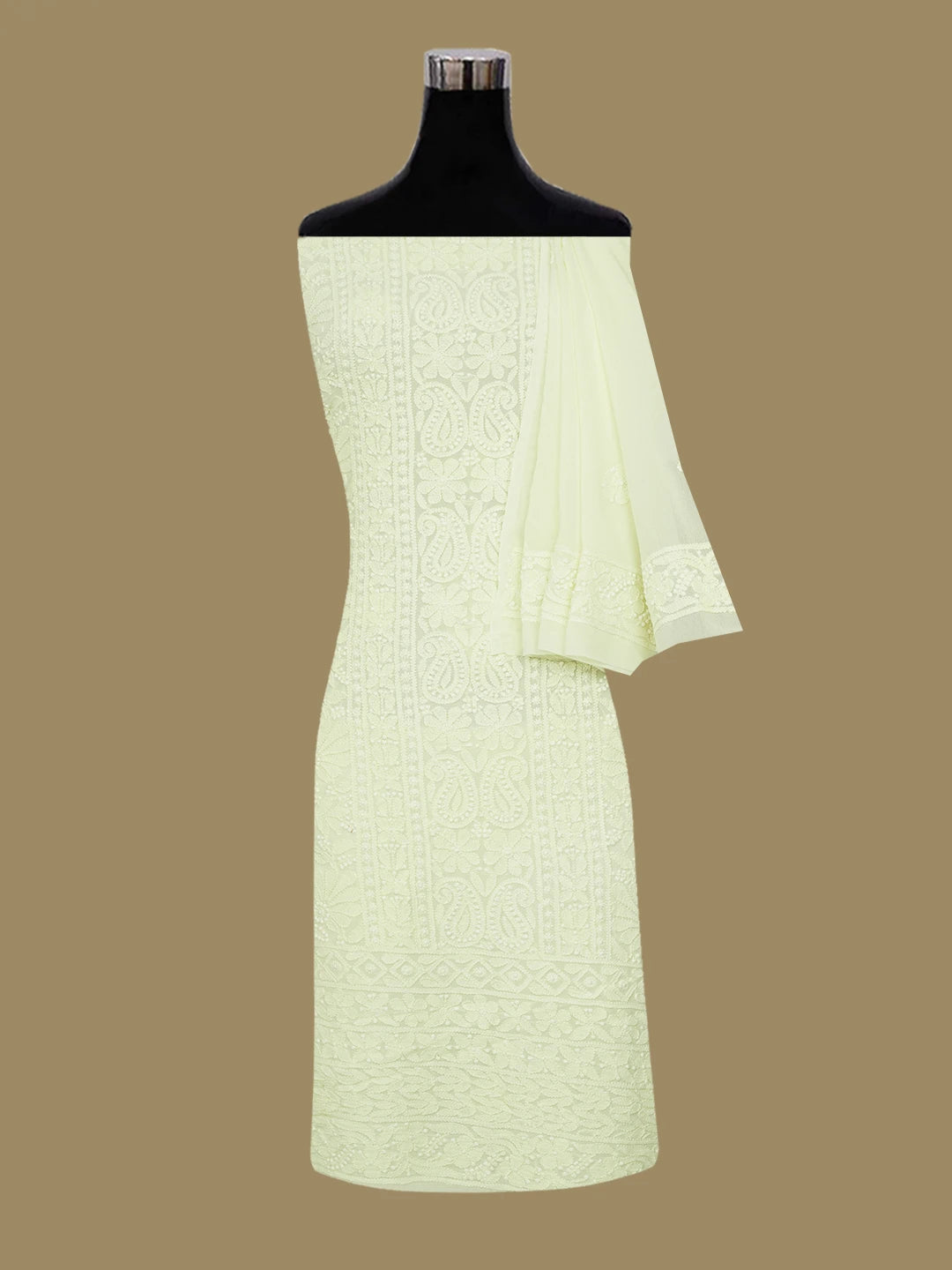 Ada Hand Embroidered Lemon Viscose Georgette Lucknowi Chikankari Unstitched Kurta Dupatta Set 01A612298