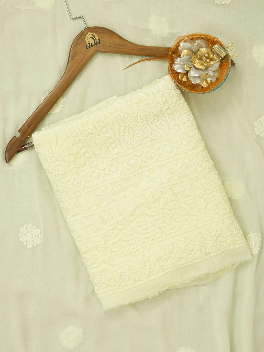 Ada Hand Embroidered Lemon Viscose Georgette Lucknowi Chikankari Unstitched Kurta Dupatta Set 01A612298