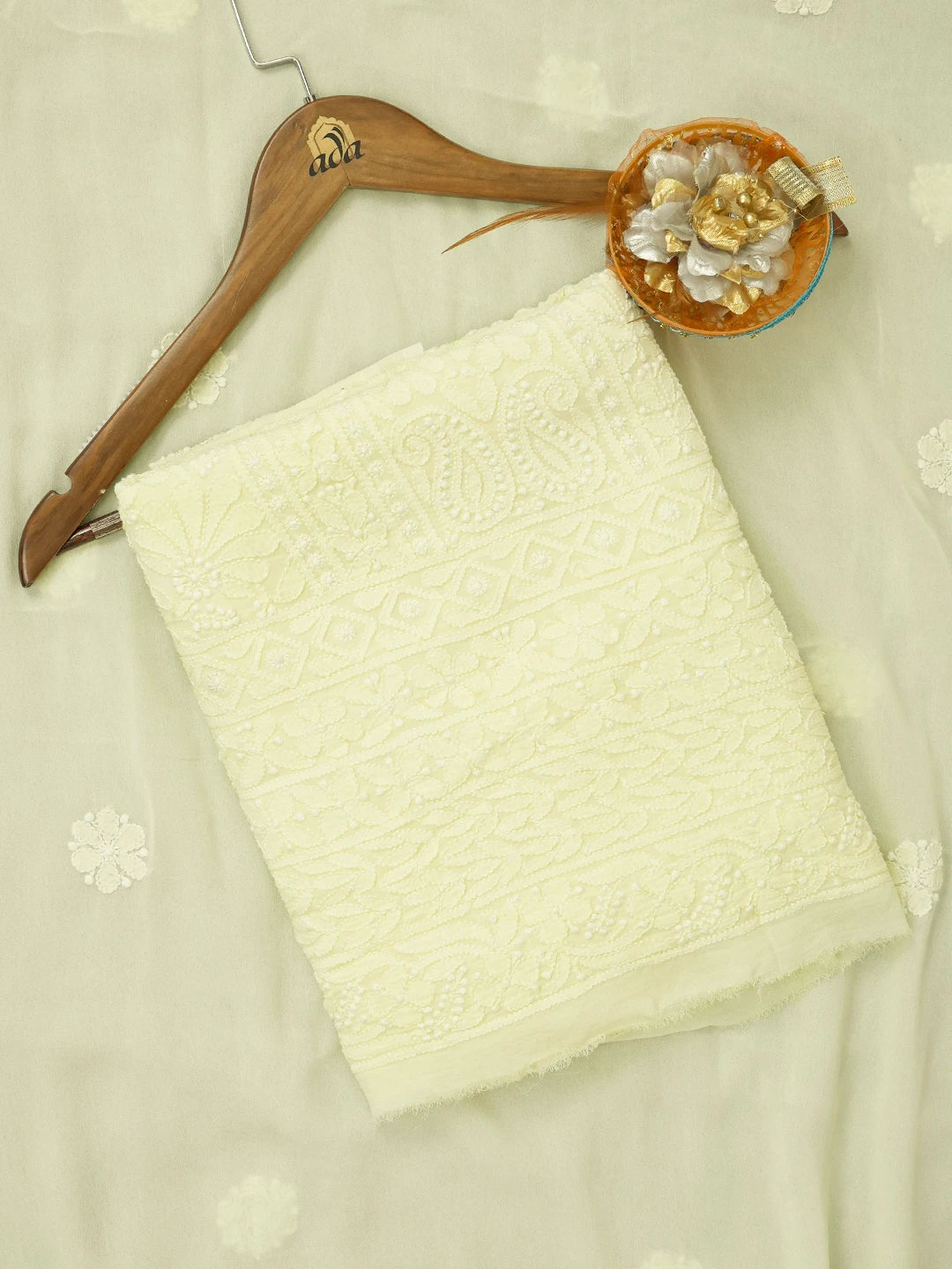 Ada Hand Embroidered Lemon Viscose Georgette Lucknowi Chikankari Unstitched Kurta Dupatta Set 01A612298