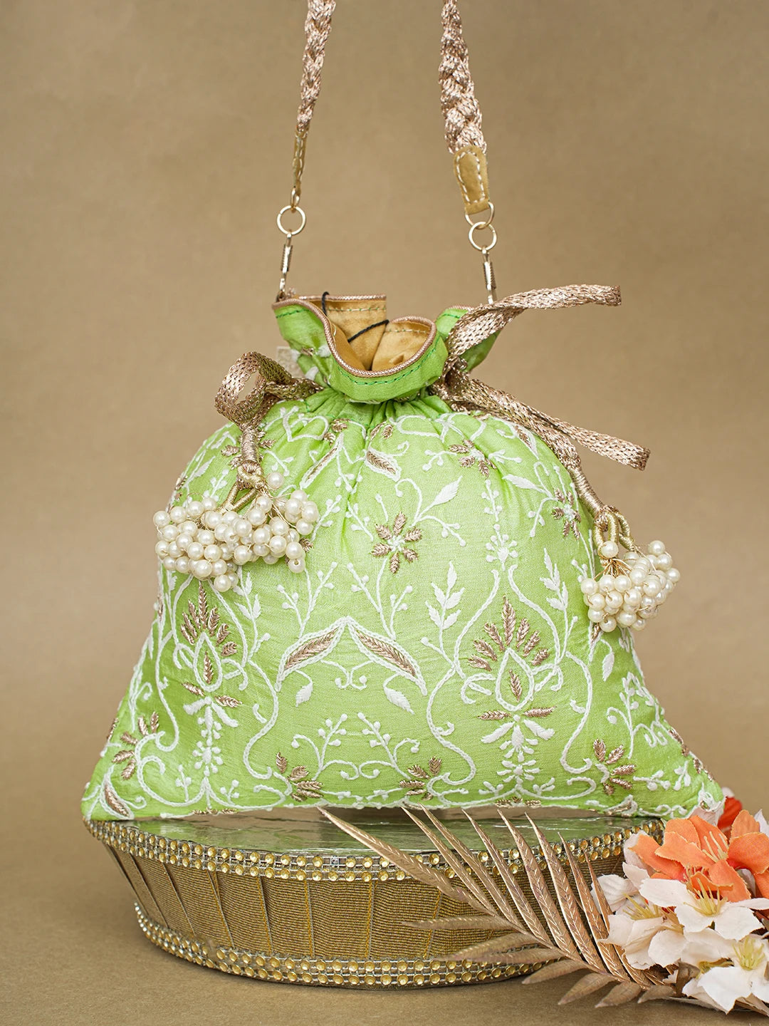 Ada Hand Embroidered Lime Green Silk Lucknowi Chikankari Potli Bag With Zari Work 01A618175
