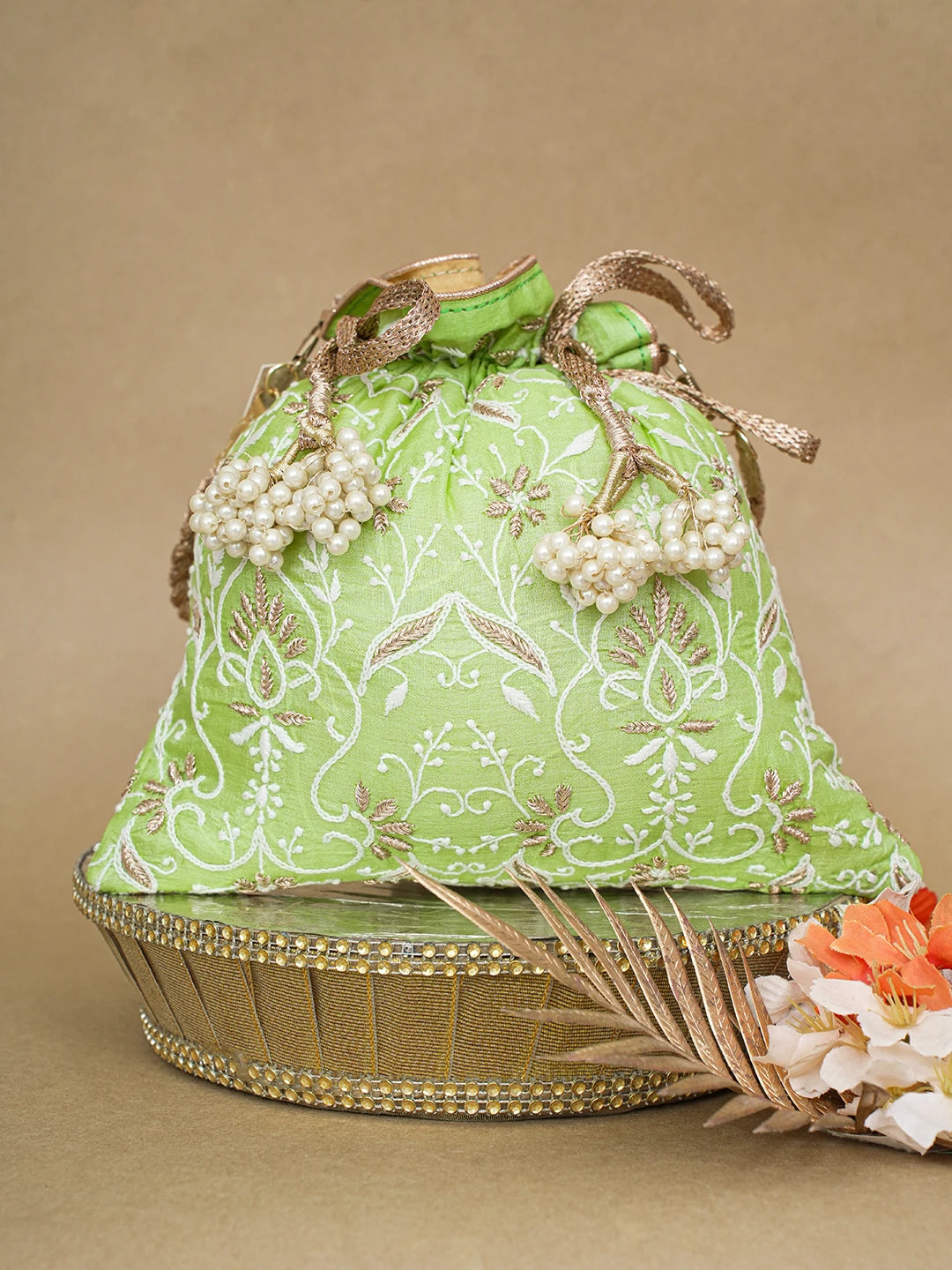 Ada Hand Embroidered Lime Green Silk Lucknowi Chikankari Potli Bag With Zari Work 01A618175
