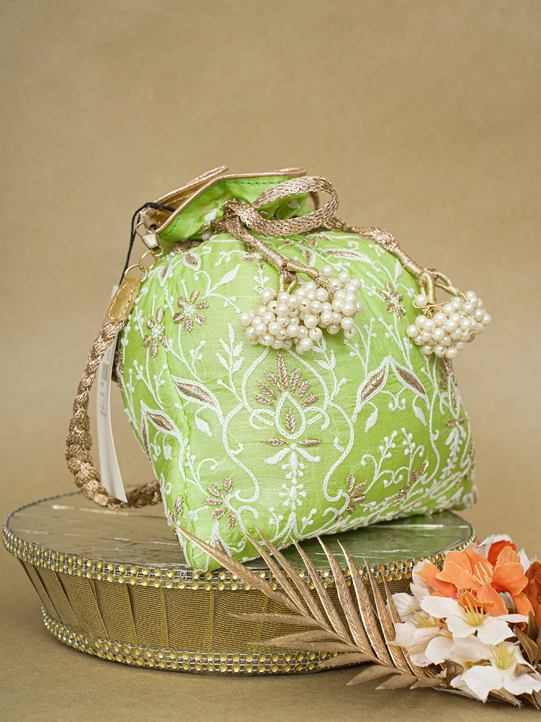 Ada Hand Embroidered Lime Green Silk Lucknowi Chikankari Potli Bag With Zari Work 01A618175
