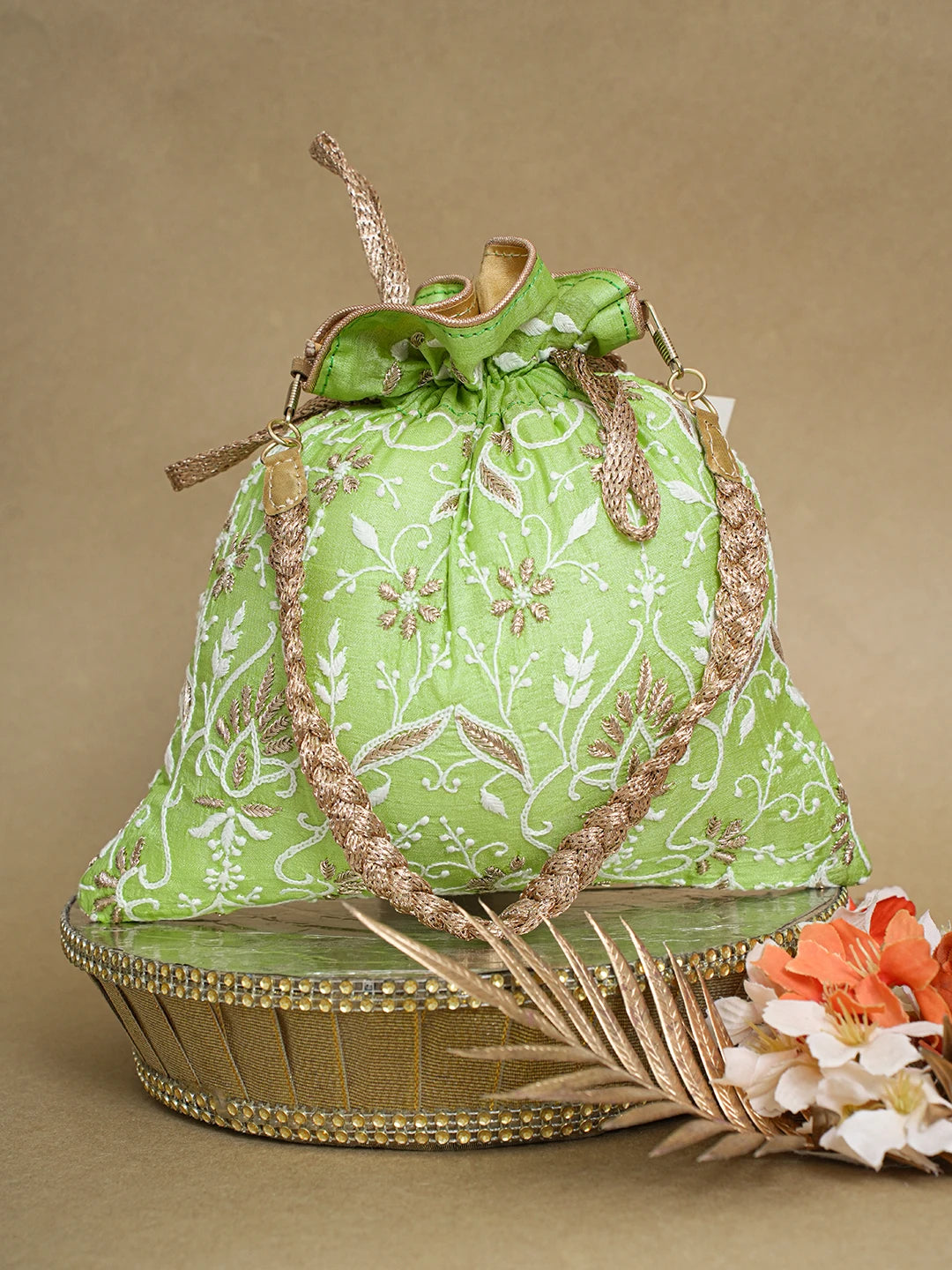 Ada Hand Embroidered Lime Green Silk Lucknowi Chikankari Potli Bag With Zari Work 01A618175