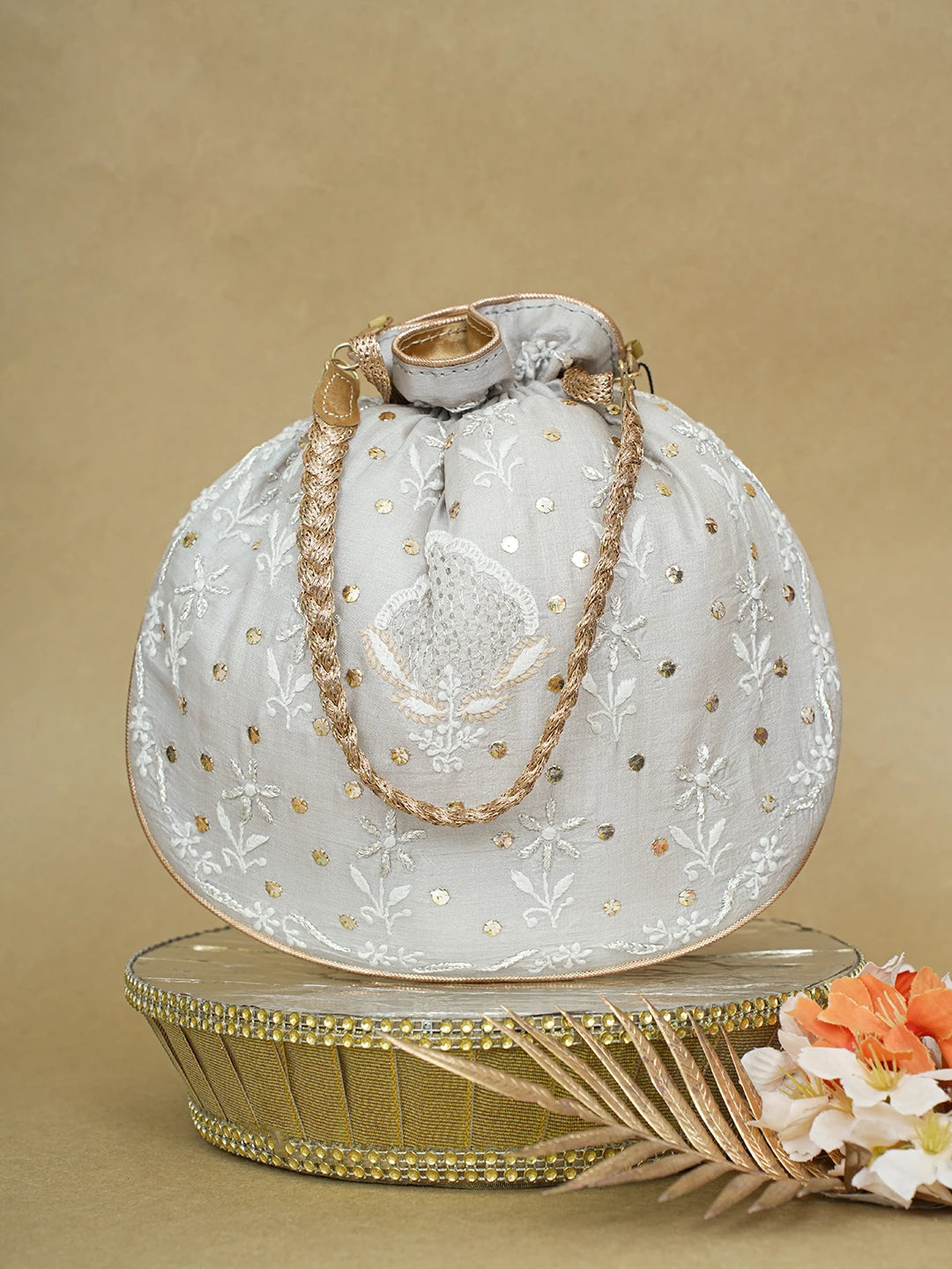 Ada Hand Embroidered Grey Silk Lucknowi Chikankari Potli Bag With Zari Work 01A618156