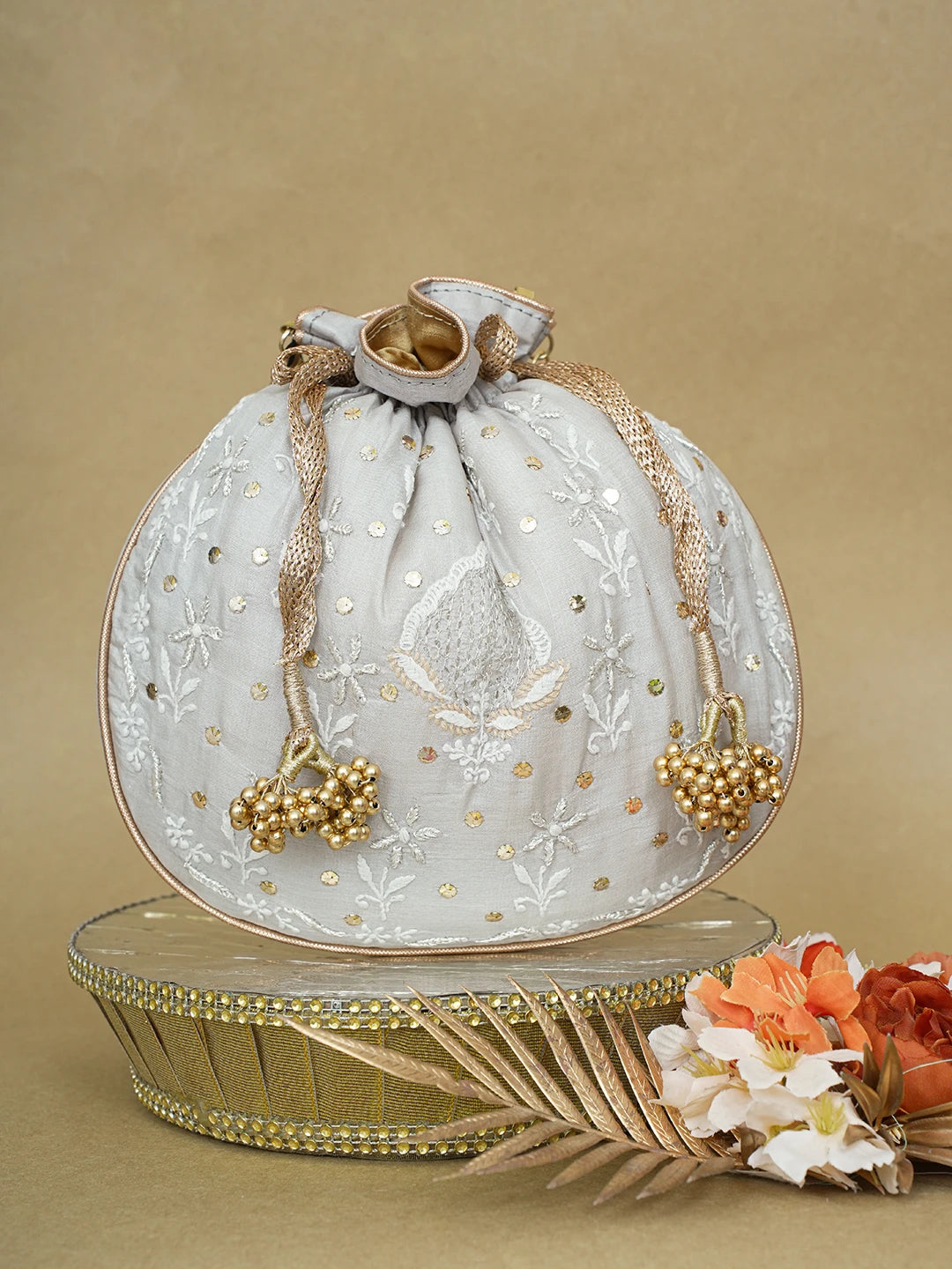 Ada Hand Embroidered Grey Silk Lucknowi Chikankari Potli Bag With Zari Work 01A618156
