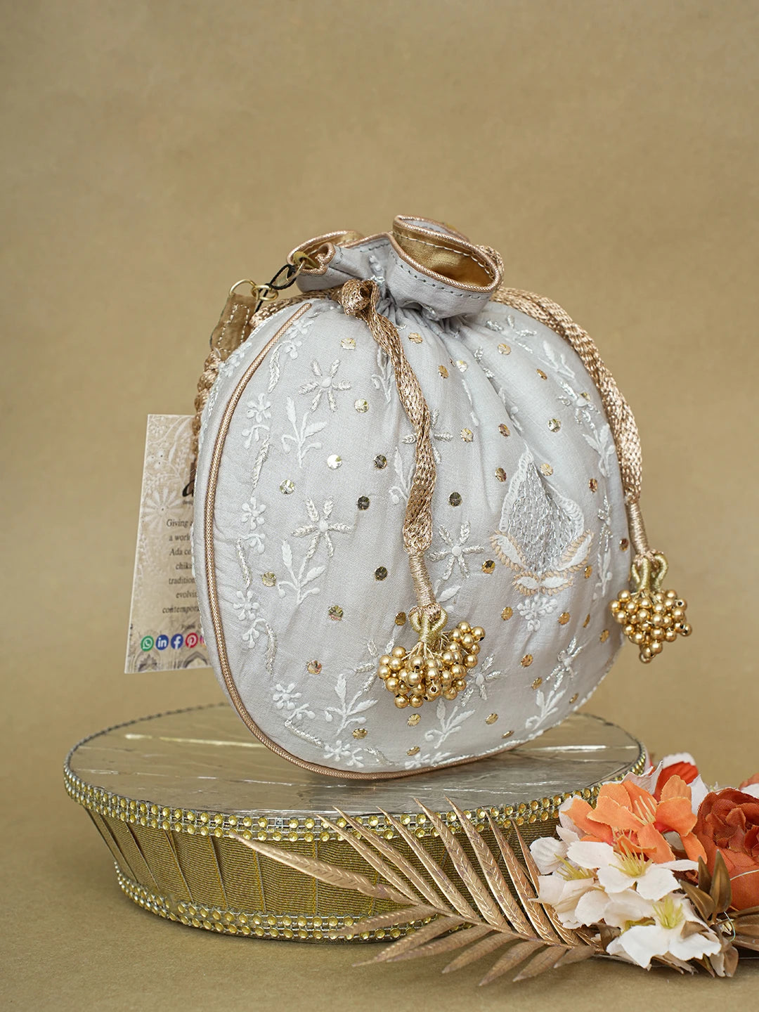Ada Hand Embroidered Grey Silk Lucknowi Chikankari Potli Bag With Zari Work 01A618156