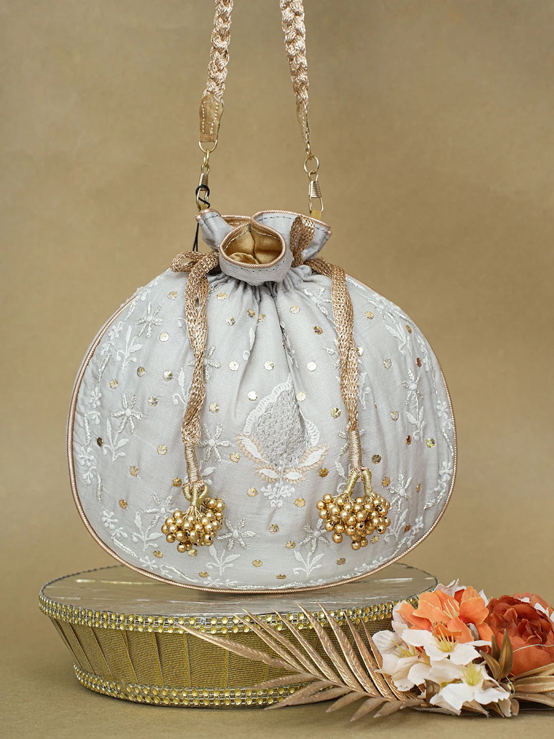 Ada Hand Embroidered Grey Silk Lucknowi Chikankari Potli Bag With Zari Work 01A618156