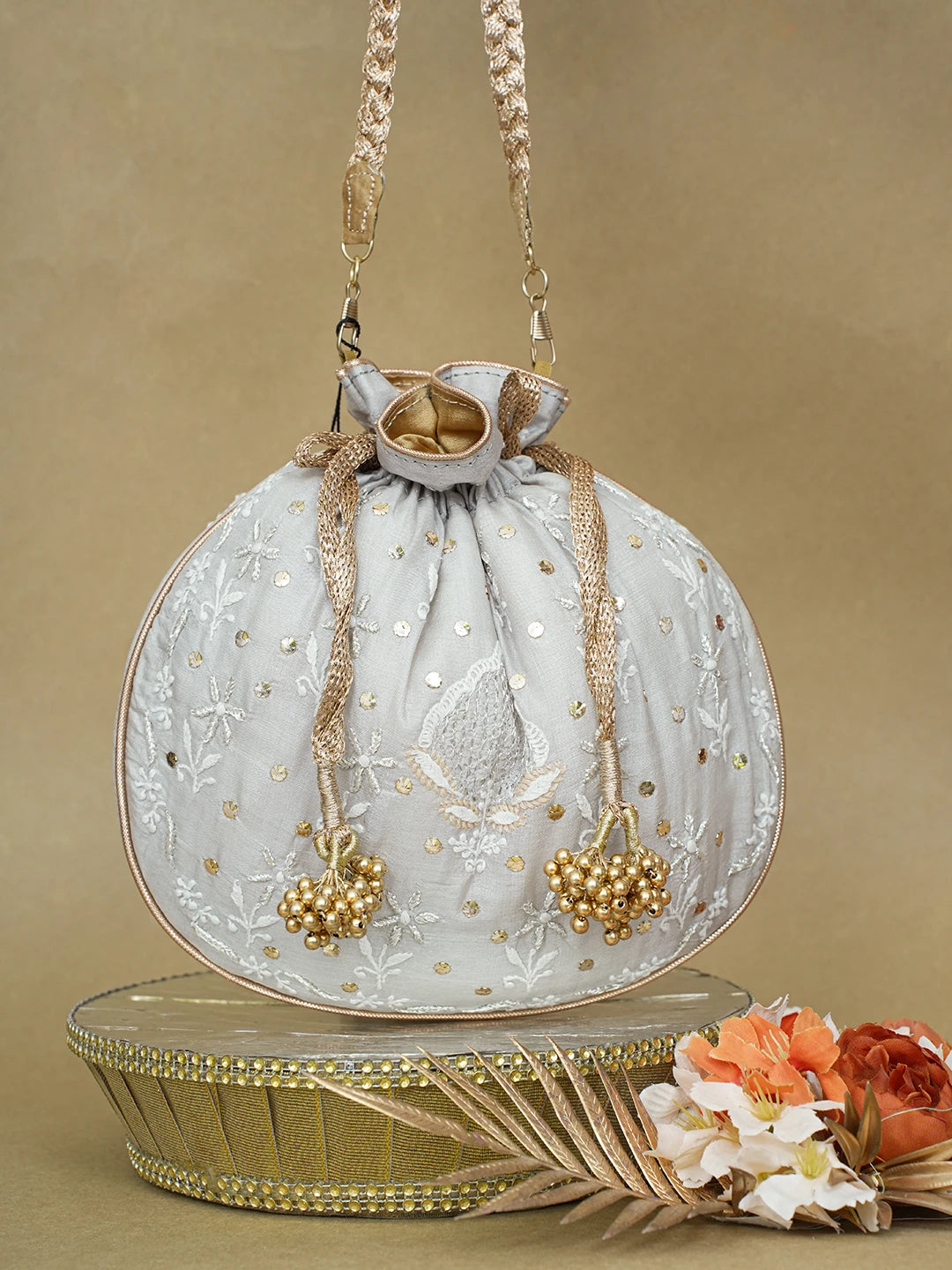 Ada Hand Embroidered Grey Silk Lucknowi Chikankari Potli Bag With Zari Work 01A618156
