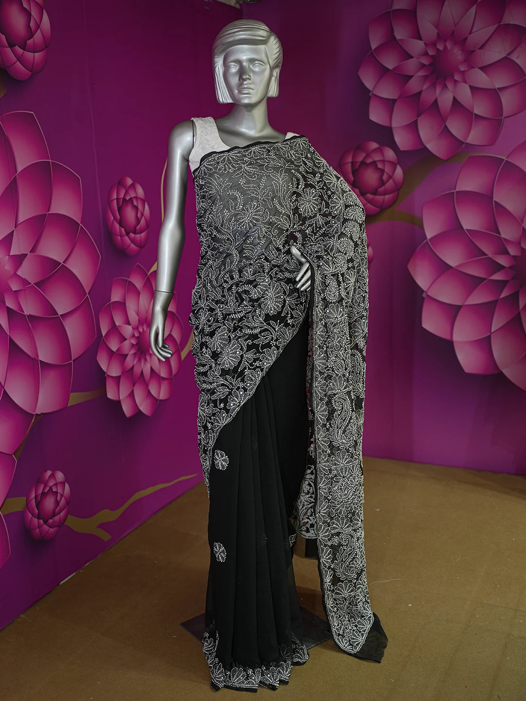 Ada Hand Embroidered Black Faux Georgette Lucknowi Chikankari Saree and Blouse With Muqaish Work 01A583280