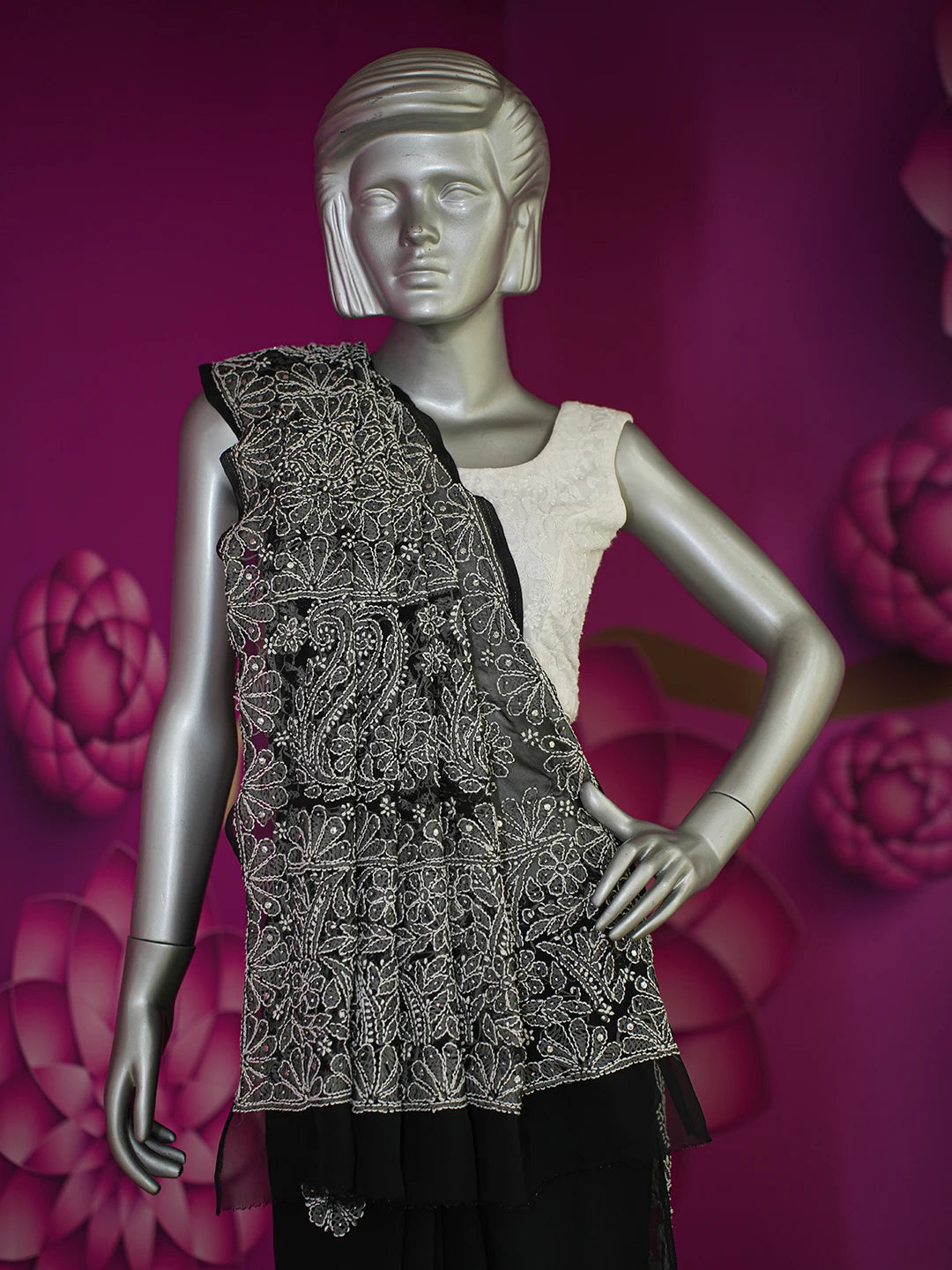 Ada Hand Embroidered Black Faux Georgette Lucknowi Chikankari Saree and Blouse With Muqaish Work 01A583280