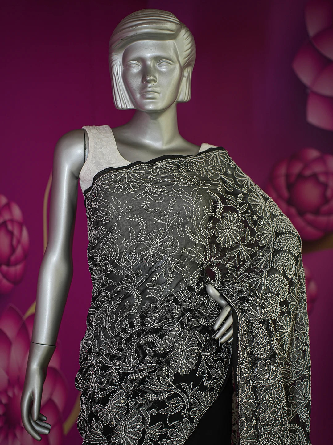 Ada Hand Embroidered Black Faux Georgette Lucknowi Chikankari Saree and Blouse With Muqaish Work 01A583280