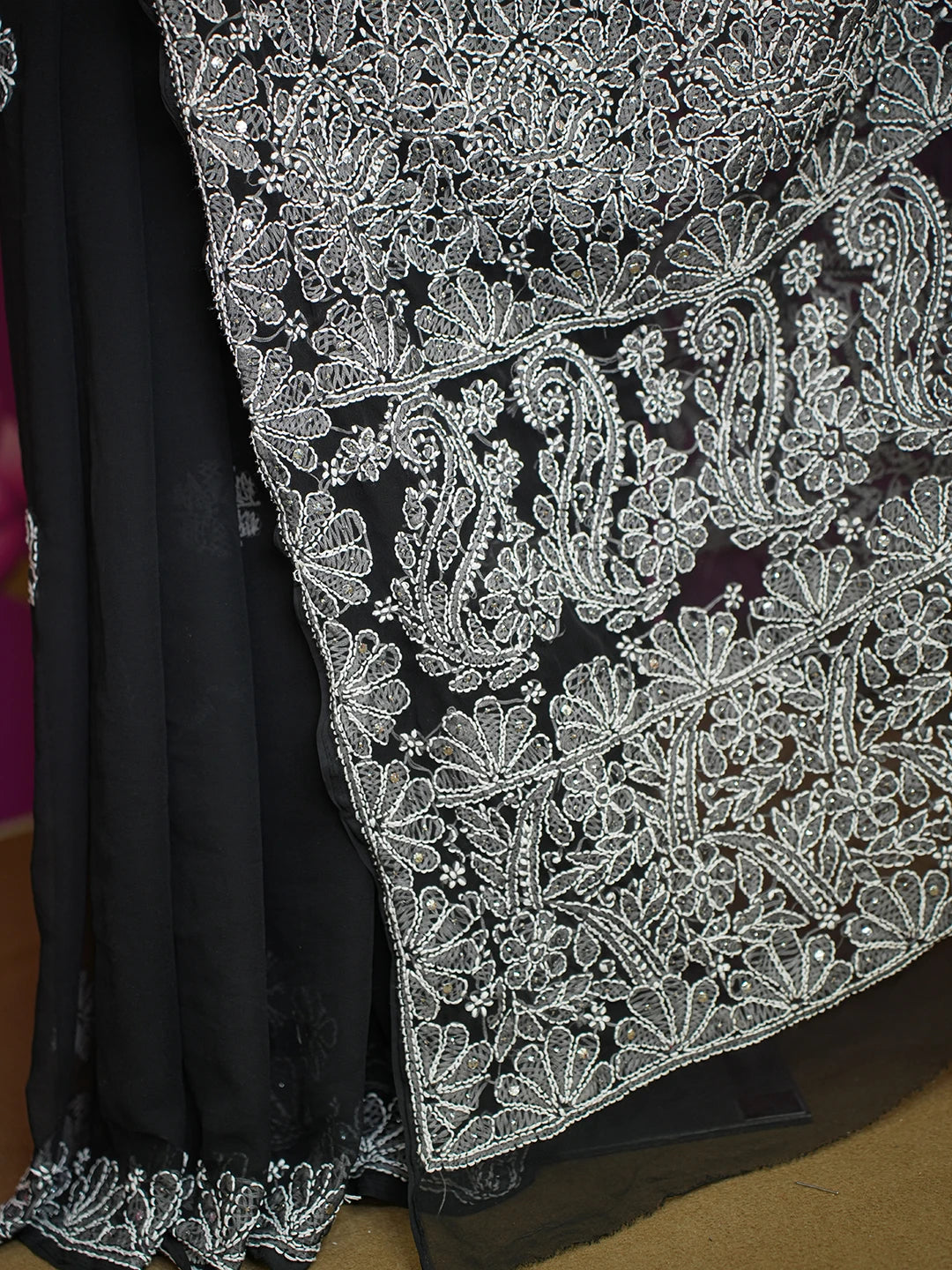 Ada Hand Embroidered Black Faux Georgette Lucknowi Chikankari Saree and Blouse With Muqaish Work 01A583280