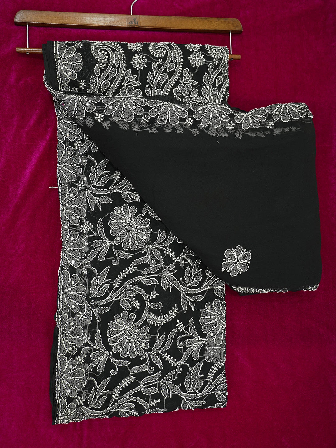Ada Hand Embroidered Black Faux Georgette Lucknowi Chikankari Saree and Blouse With Muqaish Work 01A583280