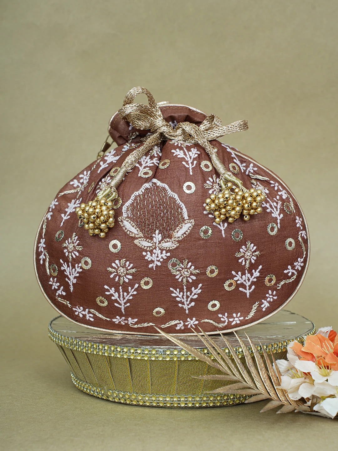 Ada Hand Embroidered Brown Silk Lucknowi Chikankari Potli Bag With Zari Work 01A600574
