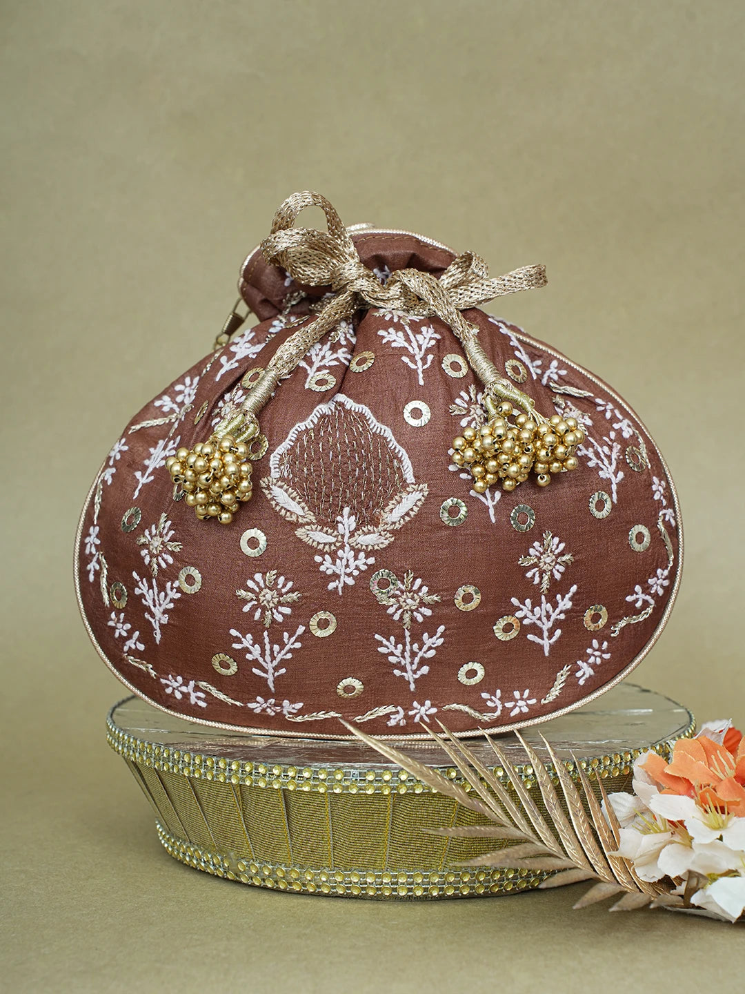 Ada Hand Embroidered Brown Silk Lucknowi Chikankari Potli Bag With Zari Work 01A600574