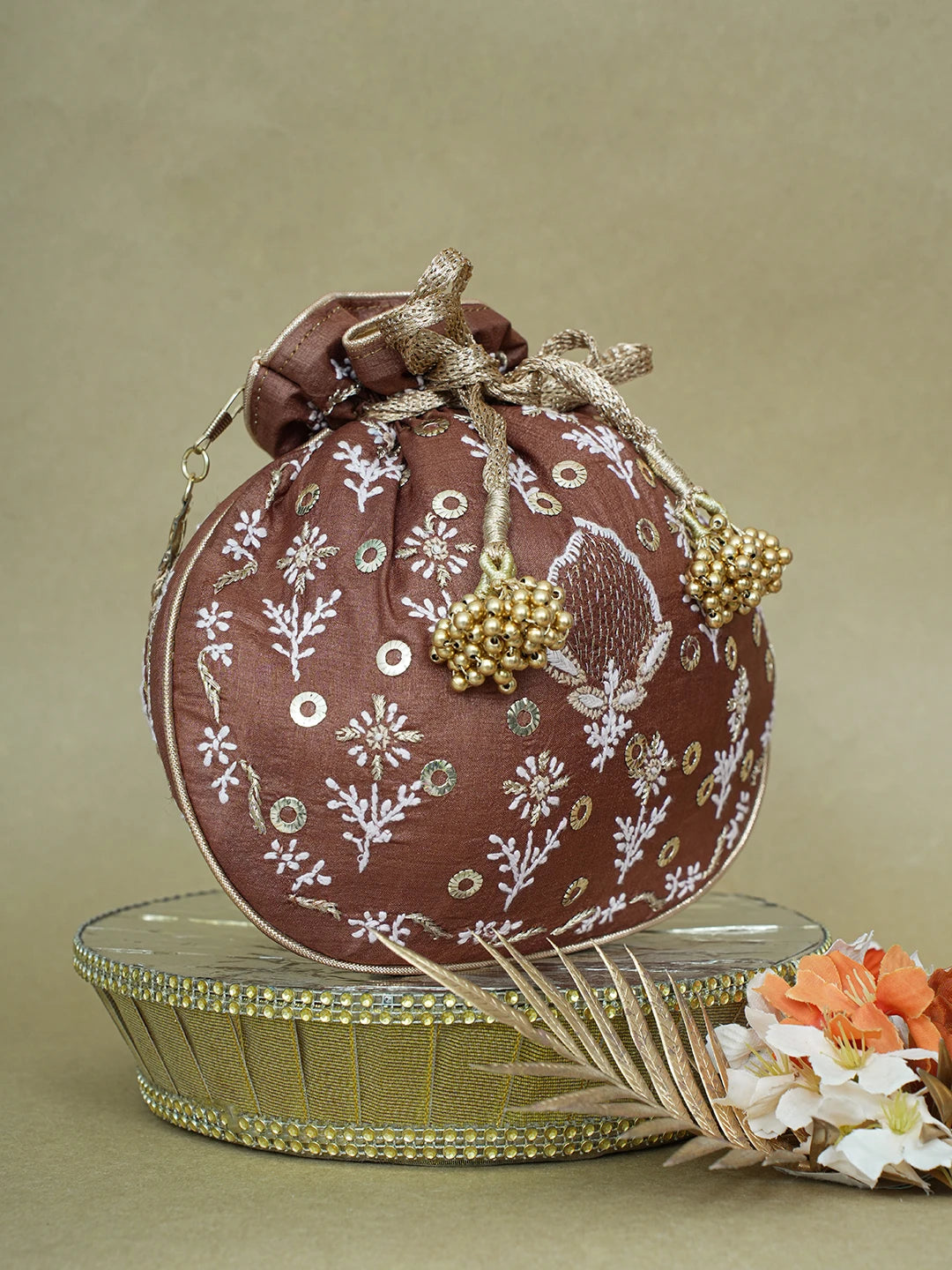 Ada Hand Embroidered Brown Silk Lucknowi Chikankari Potli Bag With Zari Work 01A600574