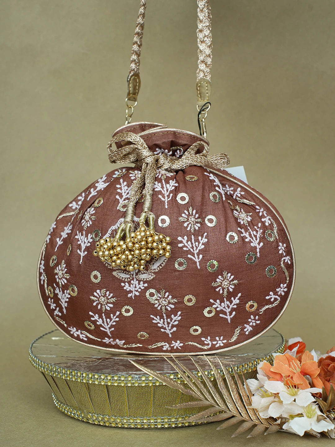 Ada Hand Embroidered Brown Silk Lucknowi Chikankari Potli Bag With Zari Work 01A600574