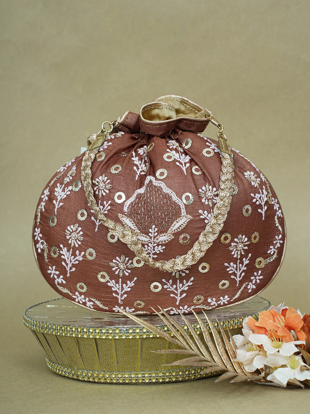 Ada Hand Embroidered Brown Silk Lucknowi Chikankari Potli Bag With Zari Work 01A600574