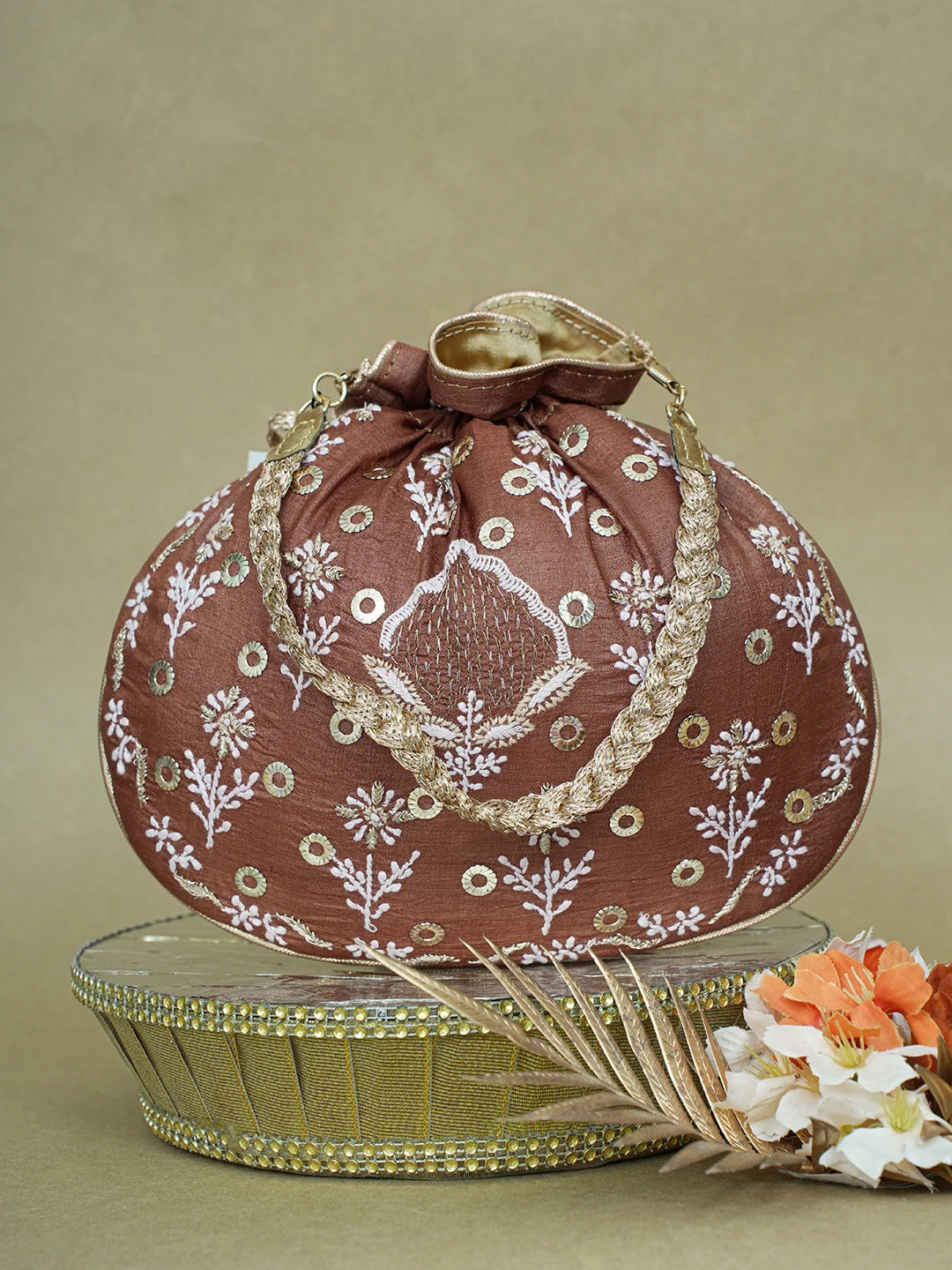 Ada Hand Embroidered Brown Silk Lucknowi Chikankari Potli Bag With Zari Work 01A600574