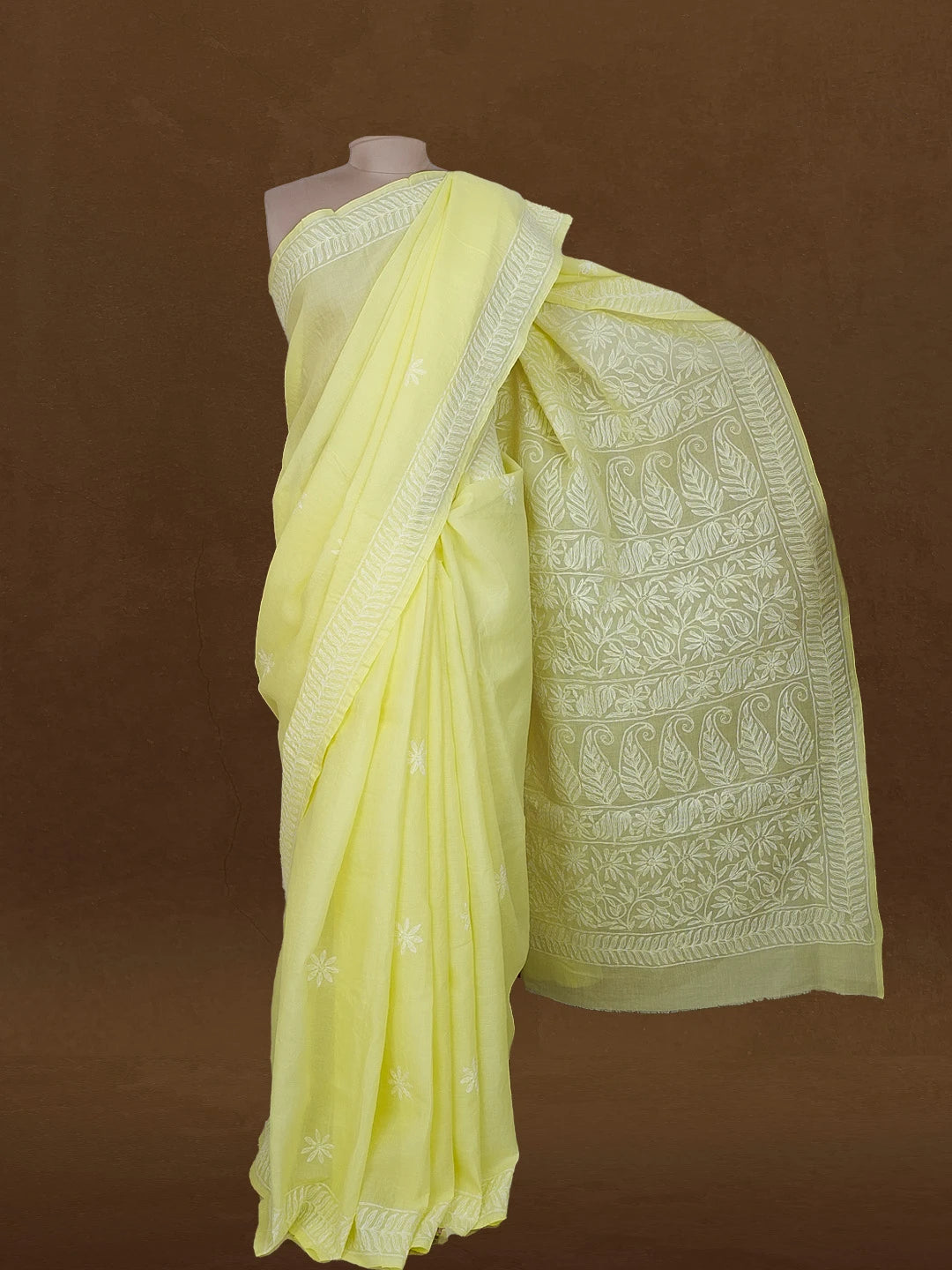 Ada Hand Embroidered Lemon Yellow Cotton Lucknowi Chikankari Saree With Blouse 01A551336