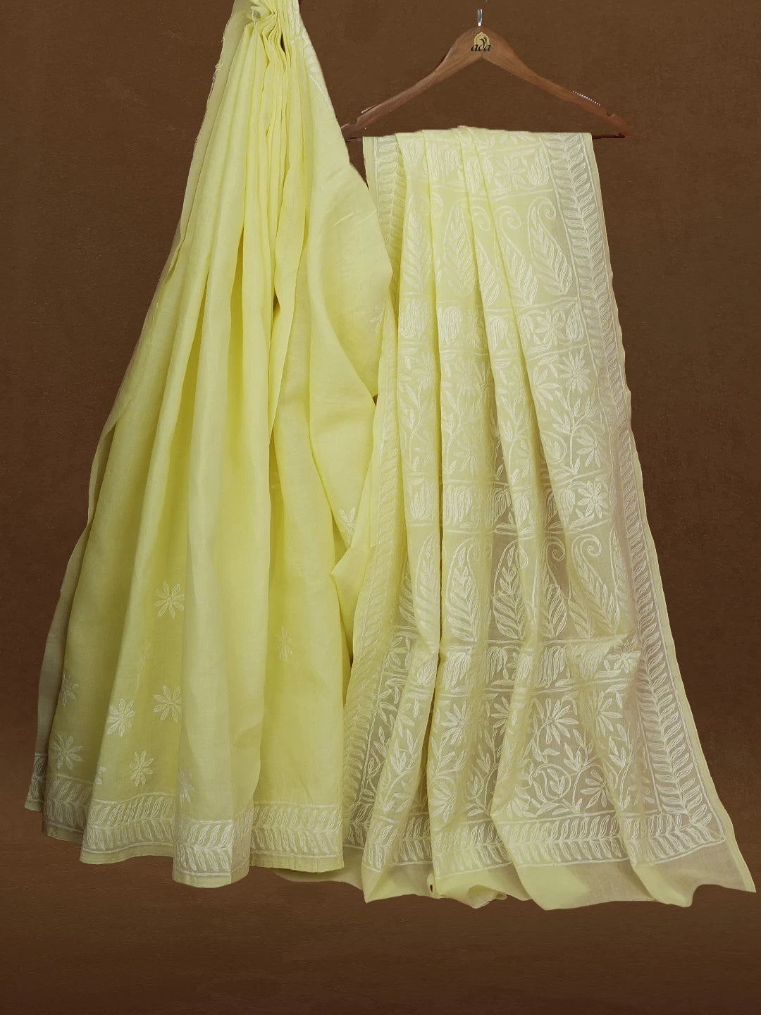 Ada Hand Embroidered Lemon Yellow Cotton Lucknowi Chikankari Saree With Blouse 01A551336