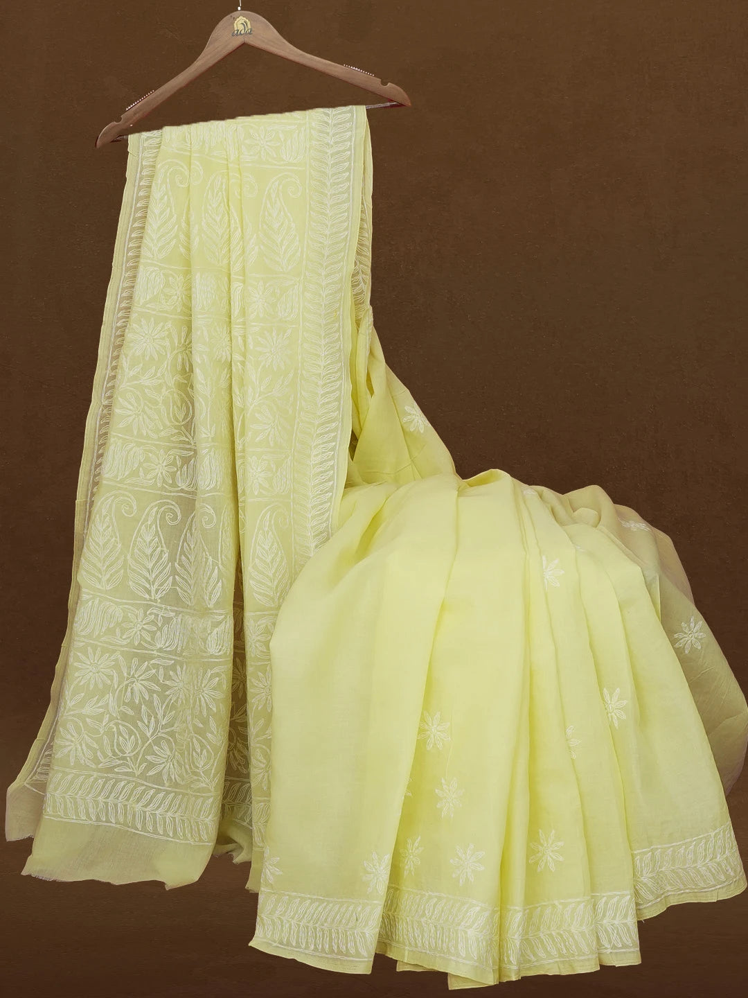 Ada Hand Embroidered Lemon Yellow Cotton Lucknowi Chikankari Saree With Blouse 01A551336
